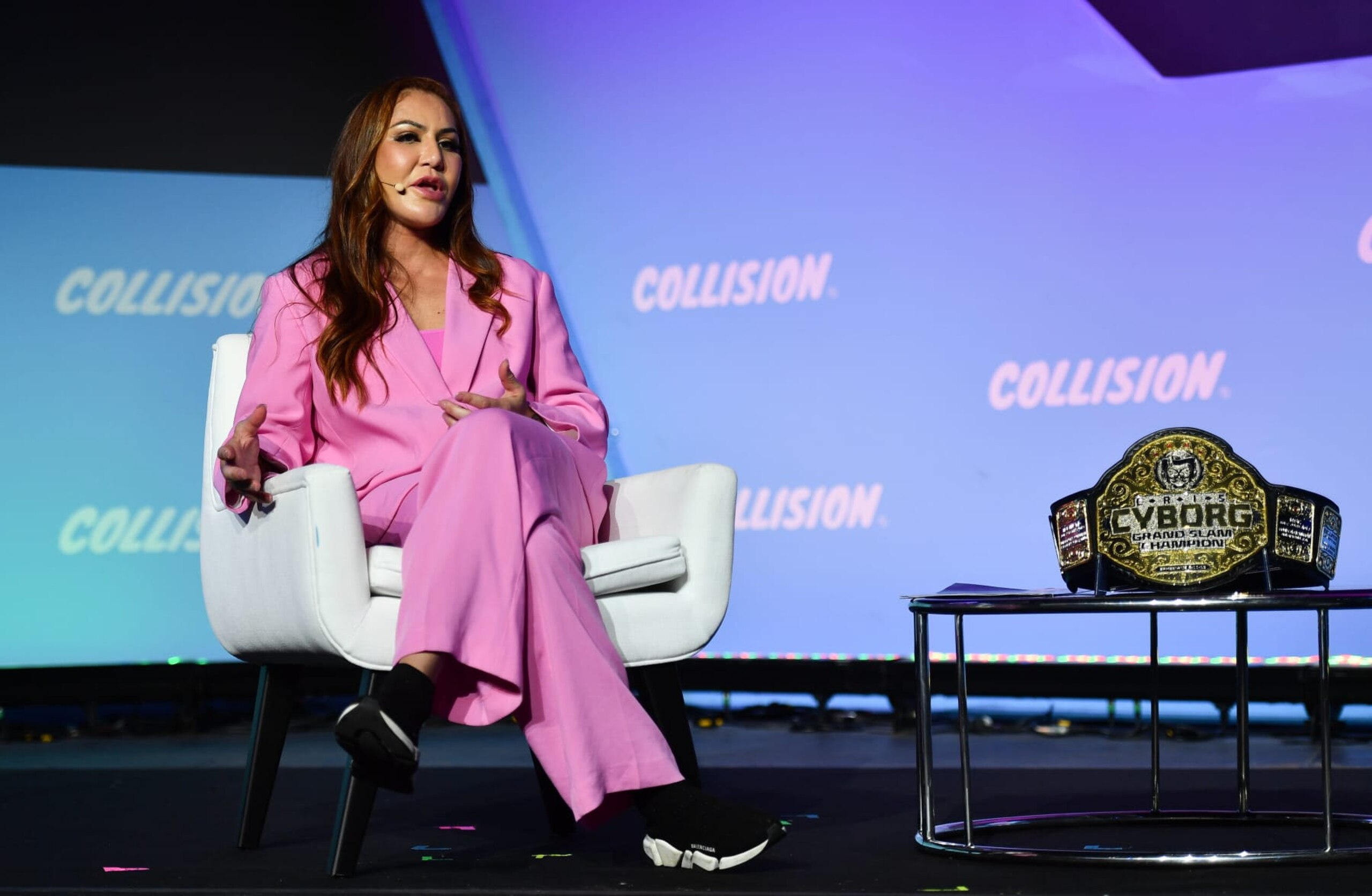 Toronto , Canada - 22 June 2022; Cris Cyborg, Women's Featherweight Champion, Bellator MMA, on SportsTradeStage during day two of Collision 2022 at Enercare Centre in Toronto, Canada. (Photo By Sam Barnes/Sportsfile for Collision via Getty Images) Toronto , Canada - 22 June 2022; Cris Cyborg, Women's Featherweight Champion, Bellator MMA, on SportsTradeStage during day two of Collision 2022 at Enercare Centre in Toronto, Canada. (Photo By Sam Barnes/Sportsfile for Collision via Getty Images)
