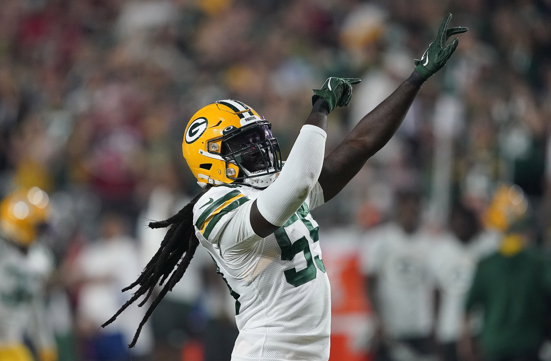 Green Bay Packers linebacker De'Vondre Campbell (59) celebrates during an NFL football game against the Arizona Cardinals, Thursday, Oct. 28, 2021, in Glendale, Ariz. (AP Photo/Darryl Webb)