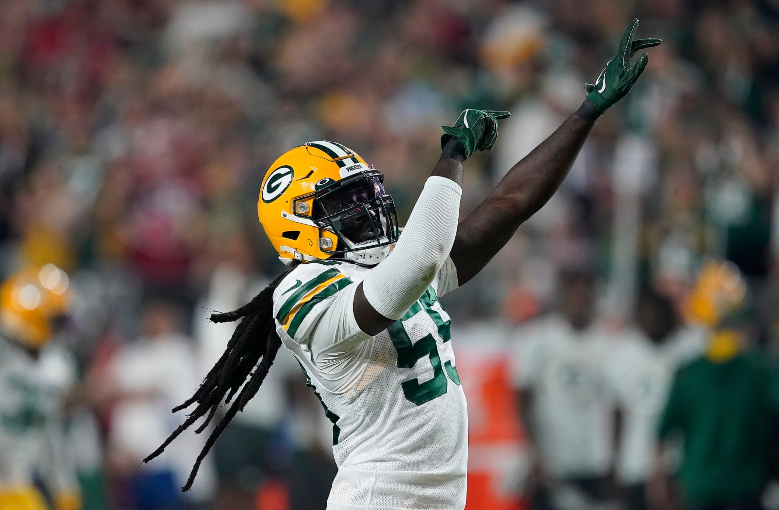 Green Bay Packers linebacker De'Vondre Campbell (59) celebrates during an NFL football game against the Arizona Cardinals, Thursday, Oct. 28, 2021, in Glendale, Ariz. (AP Photo/Darryl Webb)