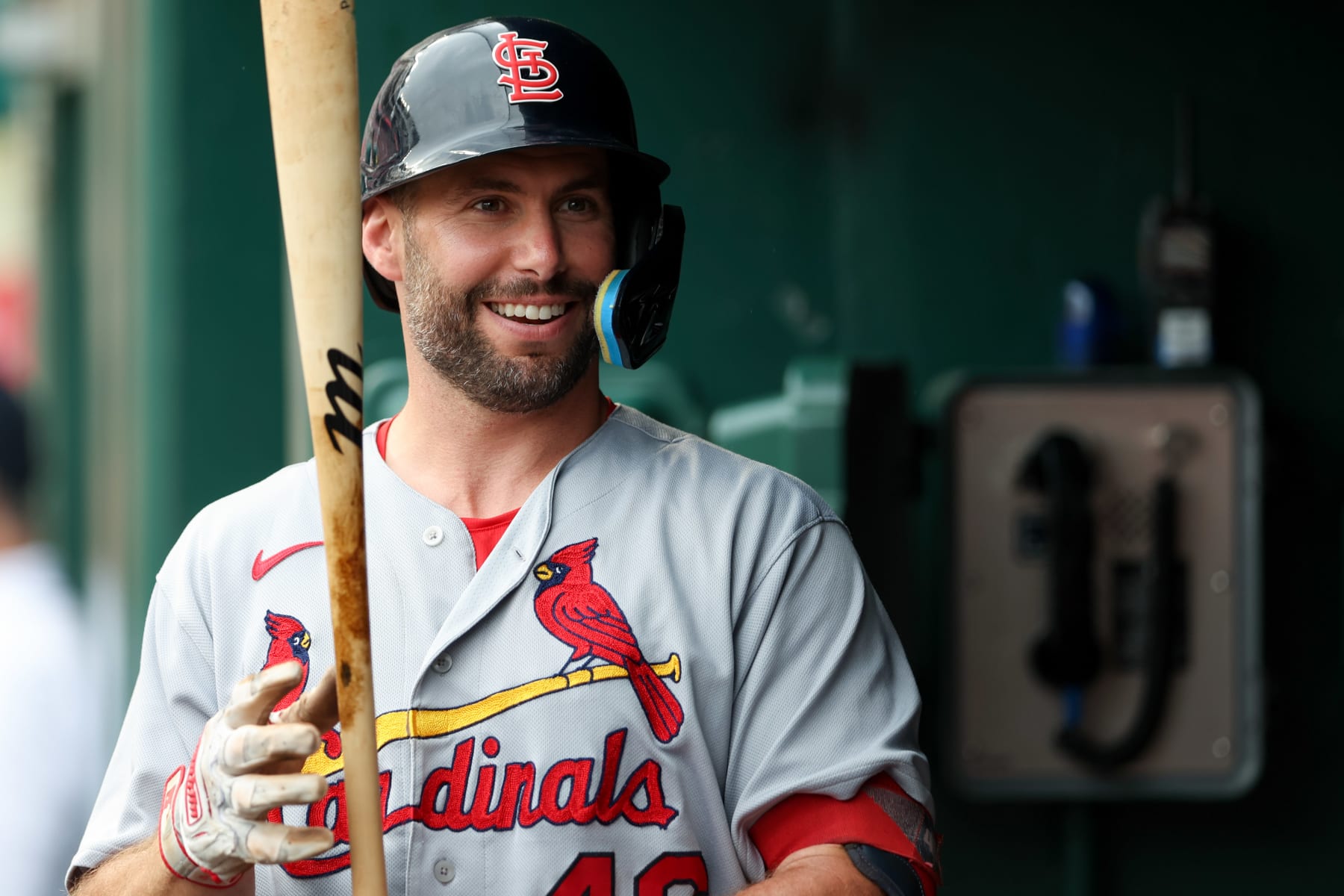 WASHINGTON, DC - JULY 31:   Paul Goldschmidt #46 of the St. Louis Cardinals looks on in the dugout during the game between the St. Louis Cardinals and the Washington Nationals at Nationals Park on Sunday, July 31, 2022 in Washington, District of Columbia. (Photo by Rob Tringali/MLB Photos via Getty Images)