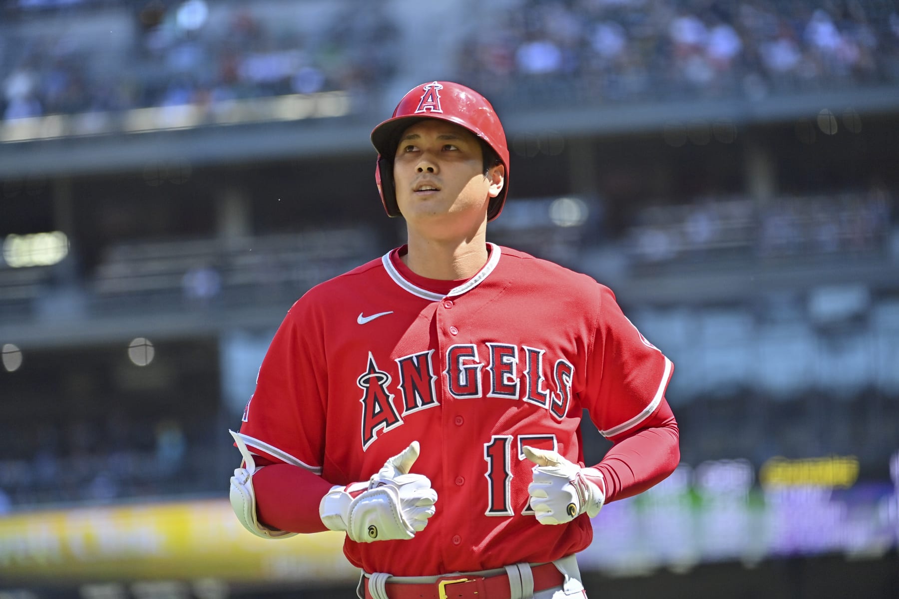 SEATTLE, WASHINGTON - AUGUST 07: Shohei Ohtani #17 of the Los Angeles Angels looks on during the first inning against the Seattle Mariners at T-Mobile Park on August 07, 2022 in Seattle, Washington. (Photo by Alika Jenner/Getty Images)