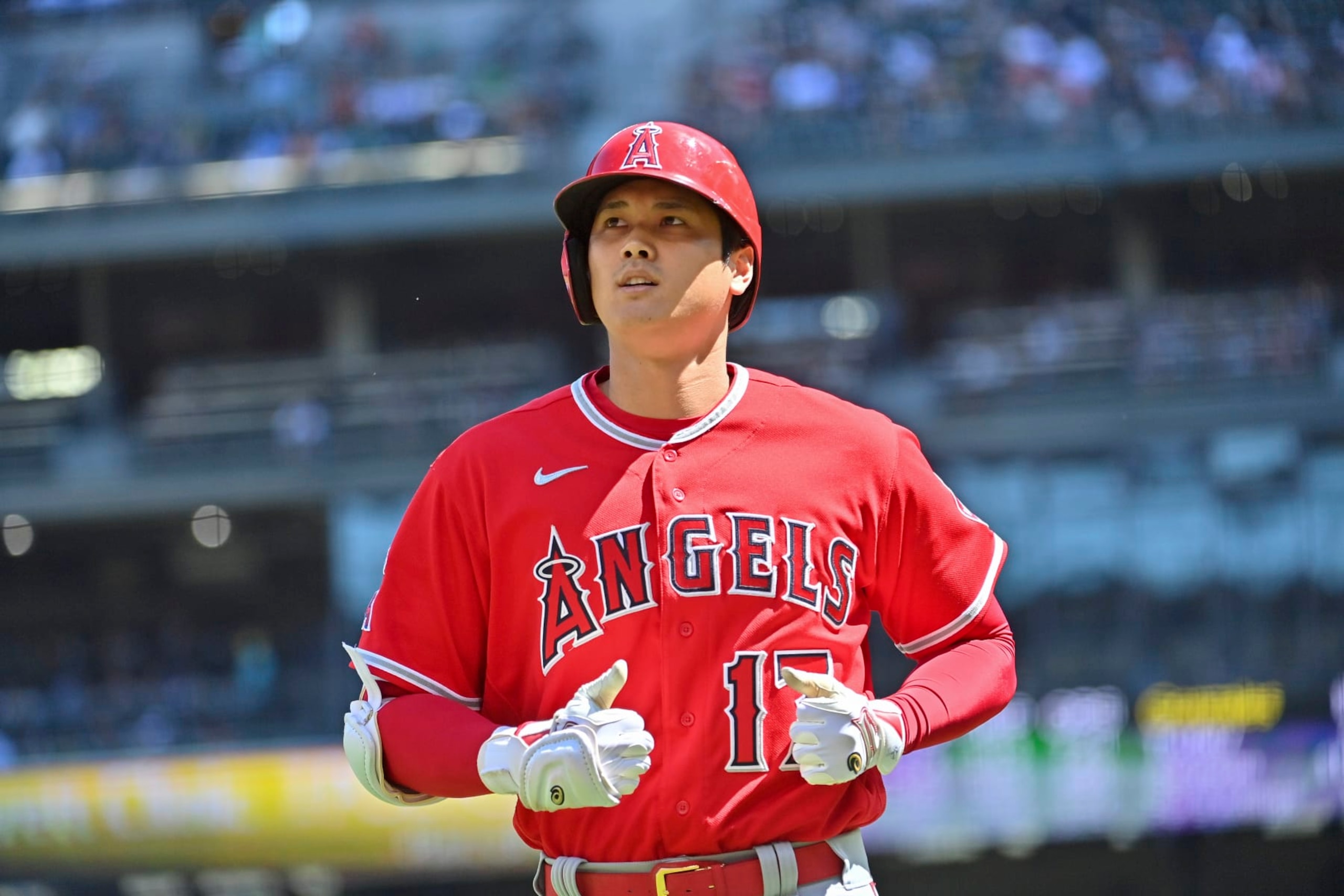 SEATTLE, WASHINGTON - AUGUST 07: Shohei Ohtani #17 of the Los Angeles Angels looks on during the first inning against the Seattle Mariners at T-Mobile Park on August 07, 2022 in Seattle, Washington. (Photo by Alika Jenner/Getty Images)