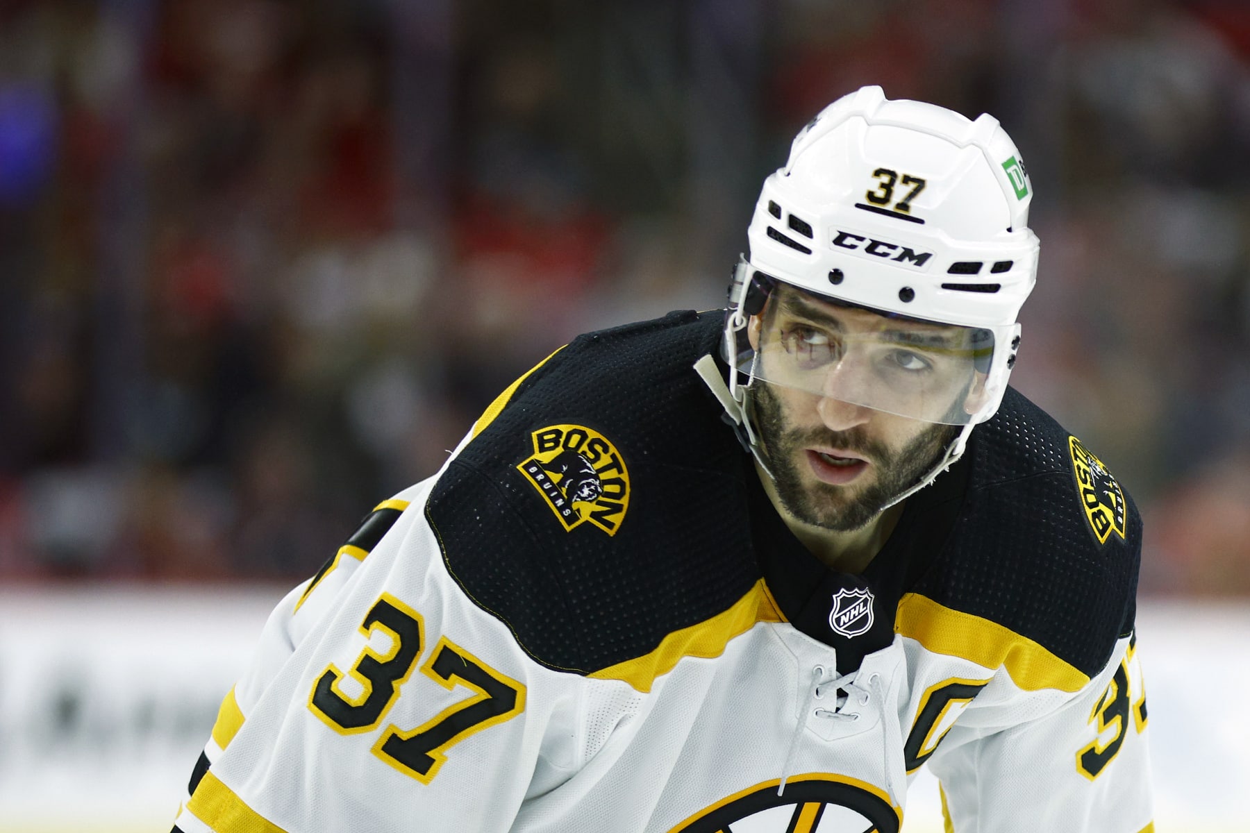 RALEIGH, NORTH CAROLINA - MAY 14: Patrice Bergeron #37 of the Boston Bruins looks on during the third period in Game Seven of the First Round of the 2022 Stanley Cup Playoffs against the Carolina Hurricanes at PNC Arena on May 14, 2022 in Raleigh, North Carolina. (Photo by Jared C. Tilton/Getty Images)