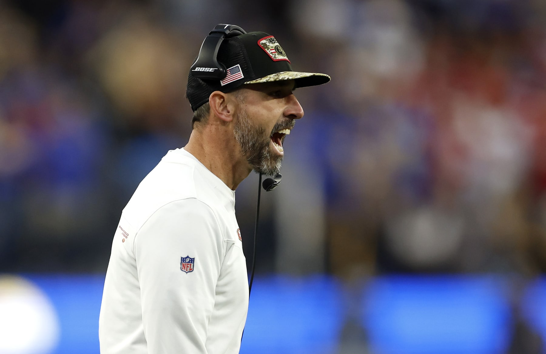 INGLEWOOD, CALIFORNIA - JANUARY 30: Head coach Kyle Shanahan of the San Francisco 49ers reacts in the second quarter against the Los Angeles Rams in the NFC Championship Game at SoFi Stadium on January 30, 2022 in Inglewood, California. (Photo by Christian Petersen/Getty Images) INGLEWOOD, CALIFORNIA - JANUARY 30: Head coach Kyle Shanahan of the San Francisco 49ers reacts in the second quarter against the Los Angeles Rams in the NFC Championship Game at SoFi Stadium on January 30, 2022 in Inglewood, California. (Photo by Christian Petersen/Getty Images)