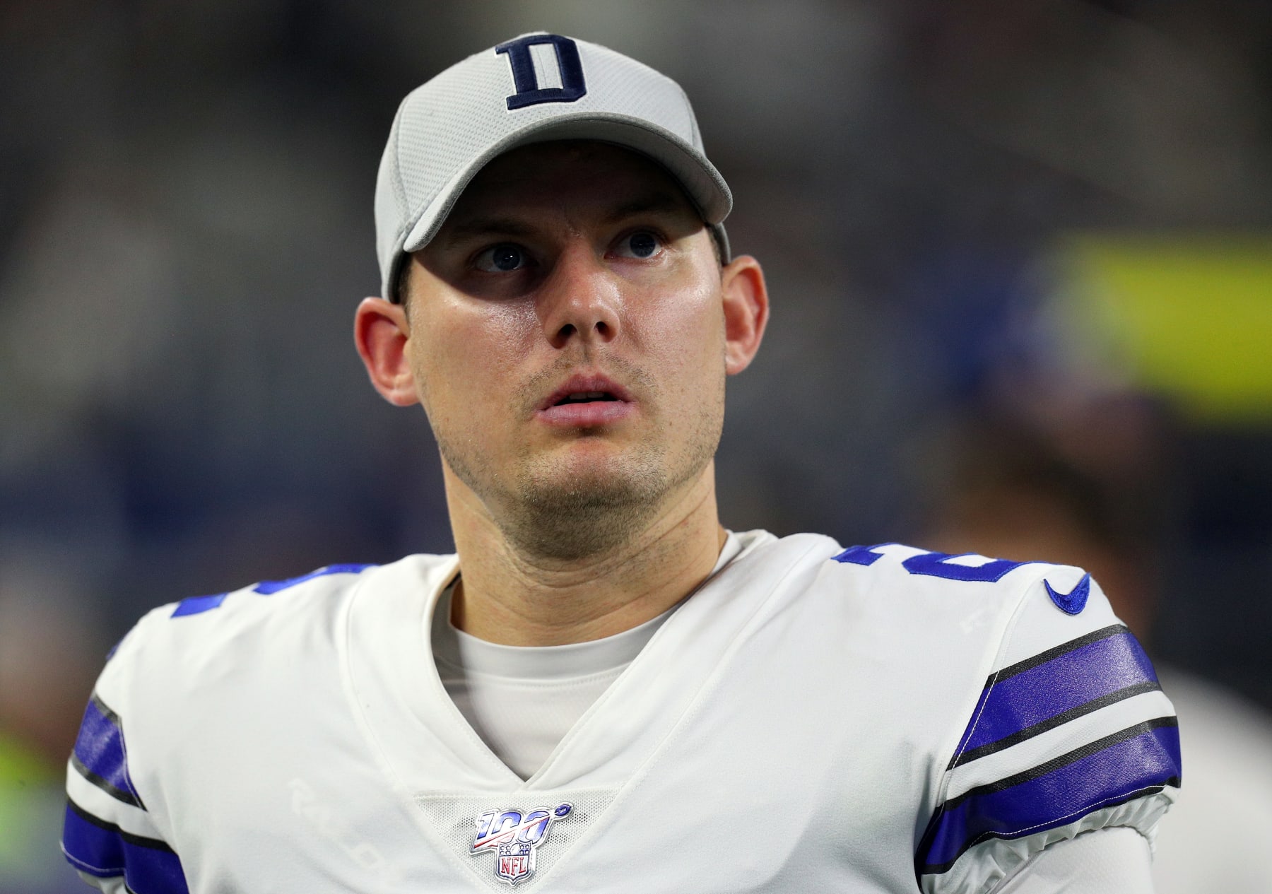 ARLINGTON, TEXAS - NOVEMBER 28: Brett Maher #2 of the Dallas Cowboys walks the sideline in the fourth quarter against the Buffalo Bills  at AT&T Stadium on November 28, 2019 in Arlington, Texas. (Photo by Richard Rodriguez/Getty Images)