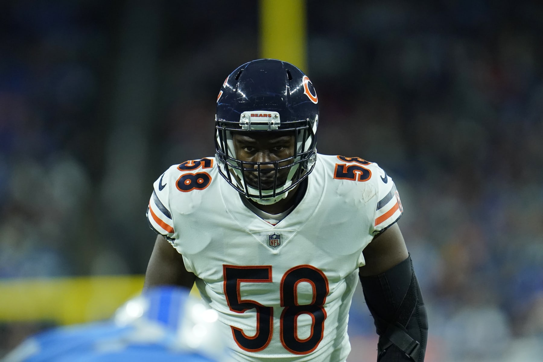 Chicago Bears inside linebacker Roquan Smith (58) waits on the snap during the first half of an NFL football game against the Detroit Lions, Thursday, Nov. 25, 2021, in Detroit. (AP Photo/Paul Sancya)