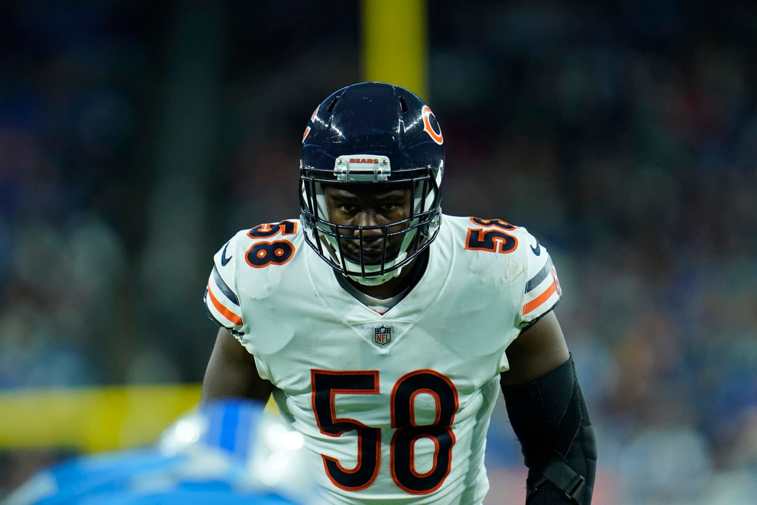 Chicago Bears inside linebacker Roquan Smith (58) waits on the snap during the first half of an NFL football game against the Detroit Lions, Thursday, Nov. 25, 2021, in Detroit. (AP Photo/Paul Sancya)