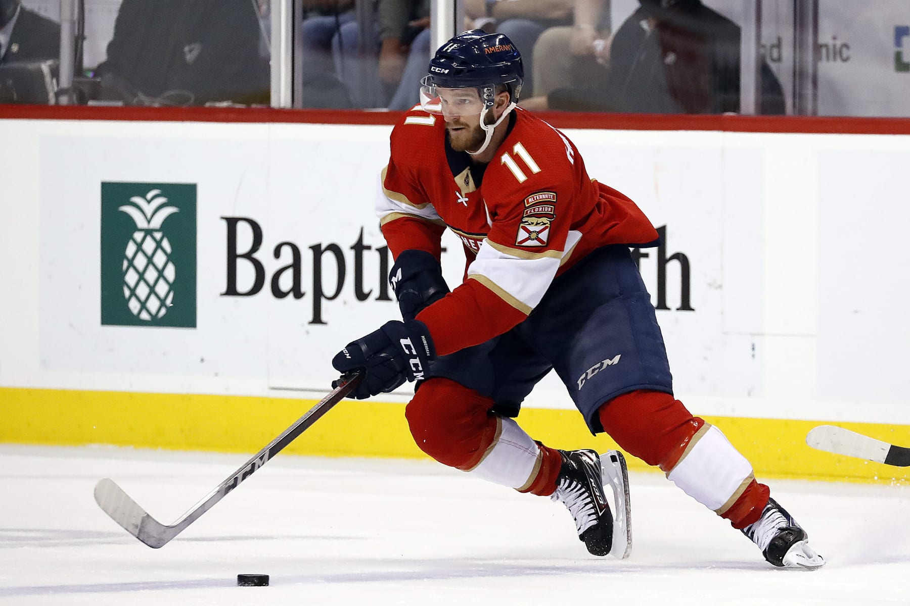 SUNRISE, FL - MAY 19: Jonathan Huberdeau #11 of the Florida Panthers skates with the puck against the Tampa Bay Lightning in Game Two of the Second Round of the 2022 Stanley Cup Playoffs at the FLA Live Arena on May 19, 2022 in Sunrise, Florida. (Photo by Eliot J. Schechter/NHLI via Getty Images)