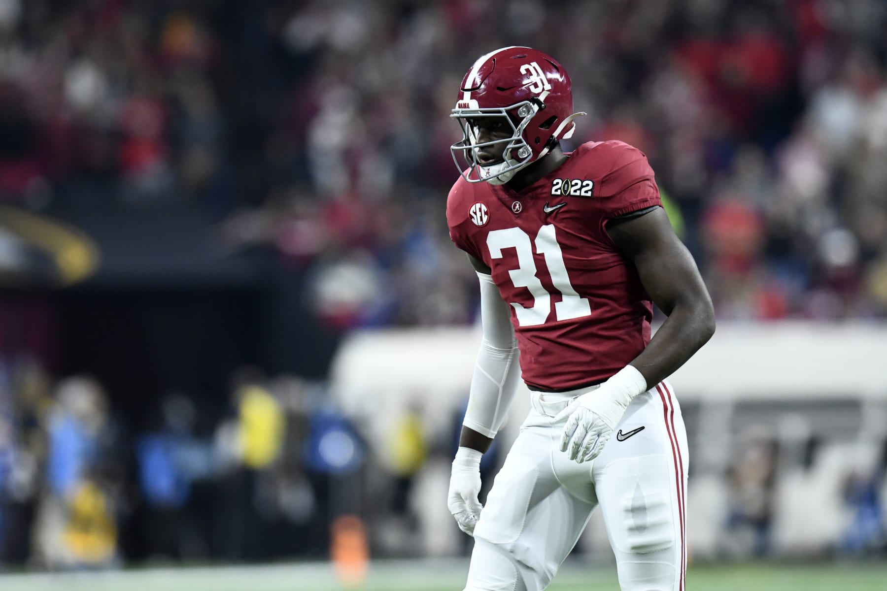 INDIANAPOLIS, IN - JANUARY 10: Alabama Crimson Tide LB Will Anderson Jr. (31) lines up for a play during the Alabama Crimson Tide versus the Georgia Bulldogs in the College Football Playoff National Championship, on January 10, 2022, at Lucas Oil Stadium in Indianapolis, IN. (Photo by Michael Allio/Icon Sportswire via Getty Images)