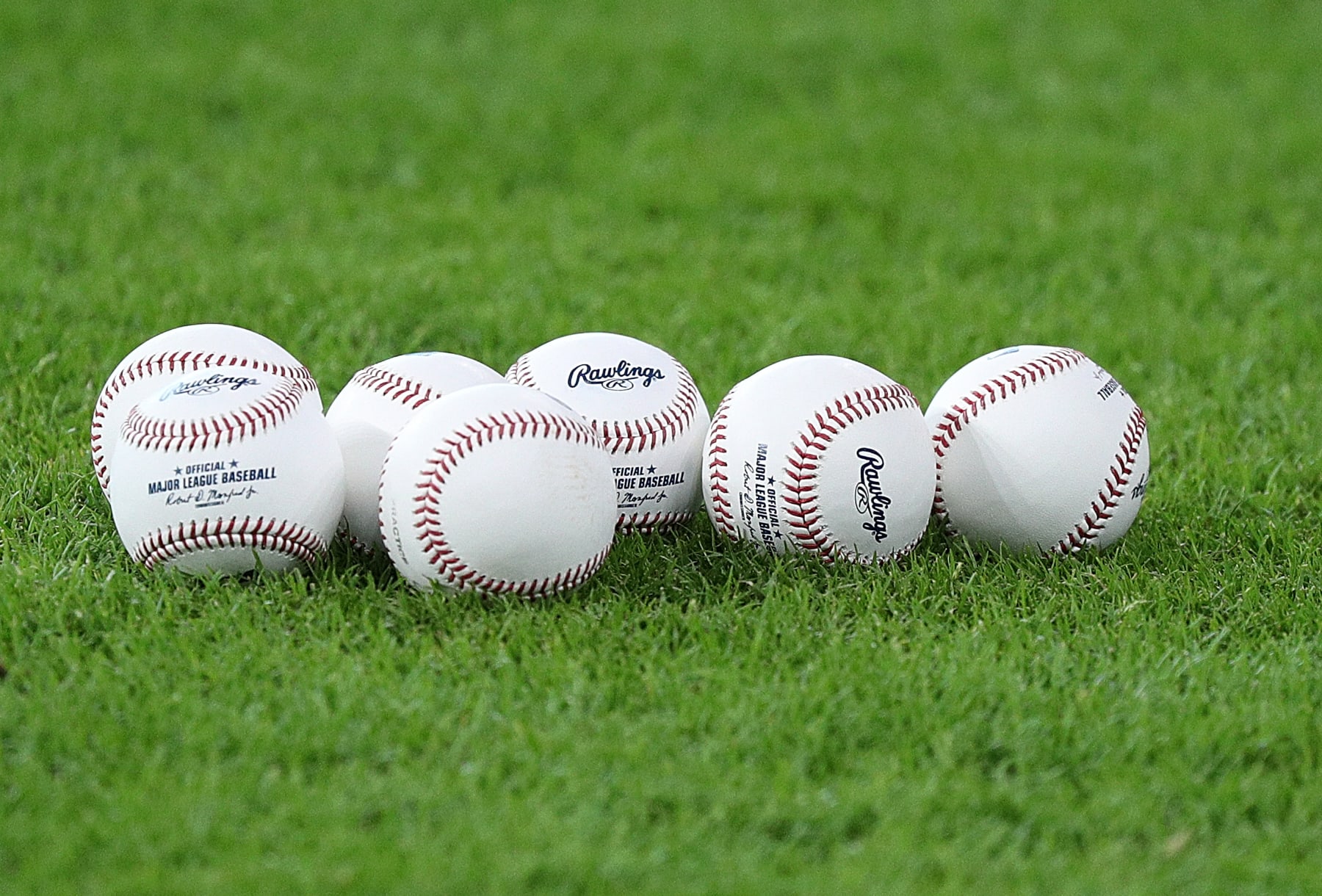 HOUSTON, TEXAS - AUGUST 01: Rawlings baseballs on the field at Minute Maid Park on August 01, 2022 in Houston, Texas. (Photo by Bob Levey/Getty Images)