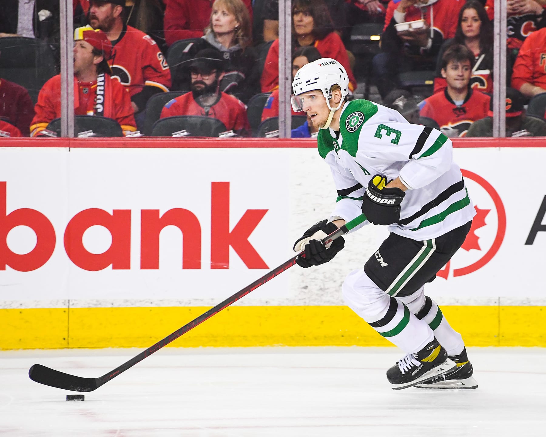 CALGARY, AB - MAY 11: John Klingberg #3 of the Dallas Stars in action against the Calgary Flames during Game Five of the First Round of the 2022 Stanley Cup Playoffs at Scotiabank Saddledome on May 11, 2022 in Calgary, Alberta, Canada. The Flames defeated the Stars 3-1. (Photo by Derek Leung/Getty Images)