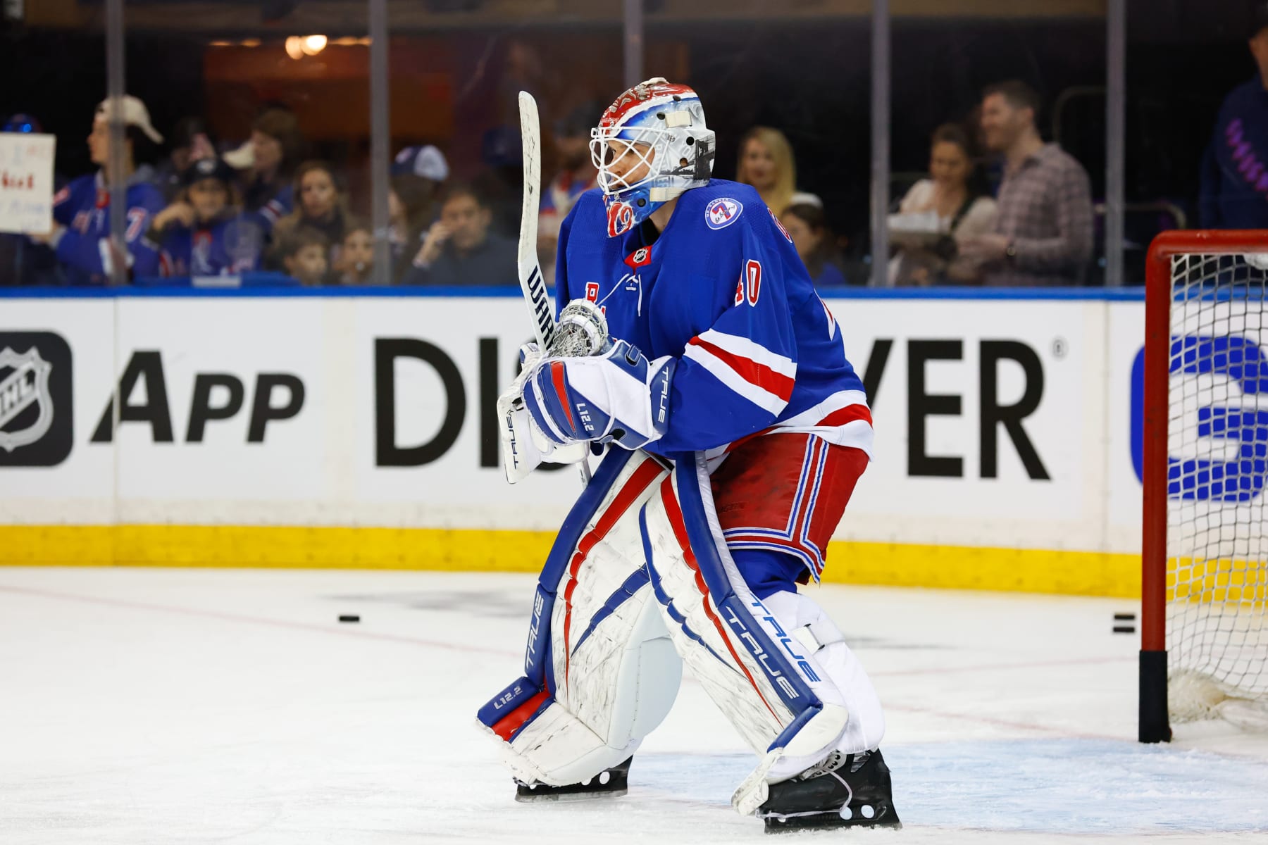 NEW YORK, NY - MAY 03:  New York Rangers goaltender Alexandar Georgiev (40) during warm up  prior to game 1 of the first round of the Stanley Cup Playoffs between the New York Rangers and the Pittsburgh Penguins on May 3, 2022 at Madison Square Garden in New York, New York.  (Photo by Rich Graessle/Icon Sportswire via Getty Images)