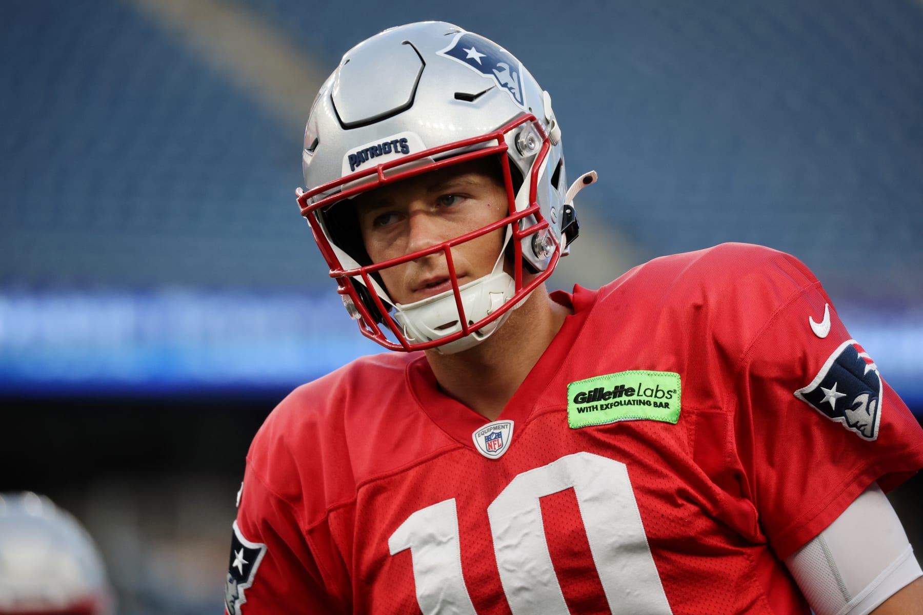 Foxborough, MA - August 5: Quarterback Mac Jones during the New England Patriots practice at Gillette Stadium. The Patriots held their annual in-stadium practice for season ticket members and Foxborough residents. (Photo by Craig F. Walker/The Boston Globe via Getty Images)