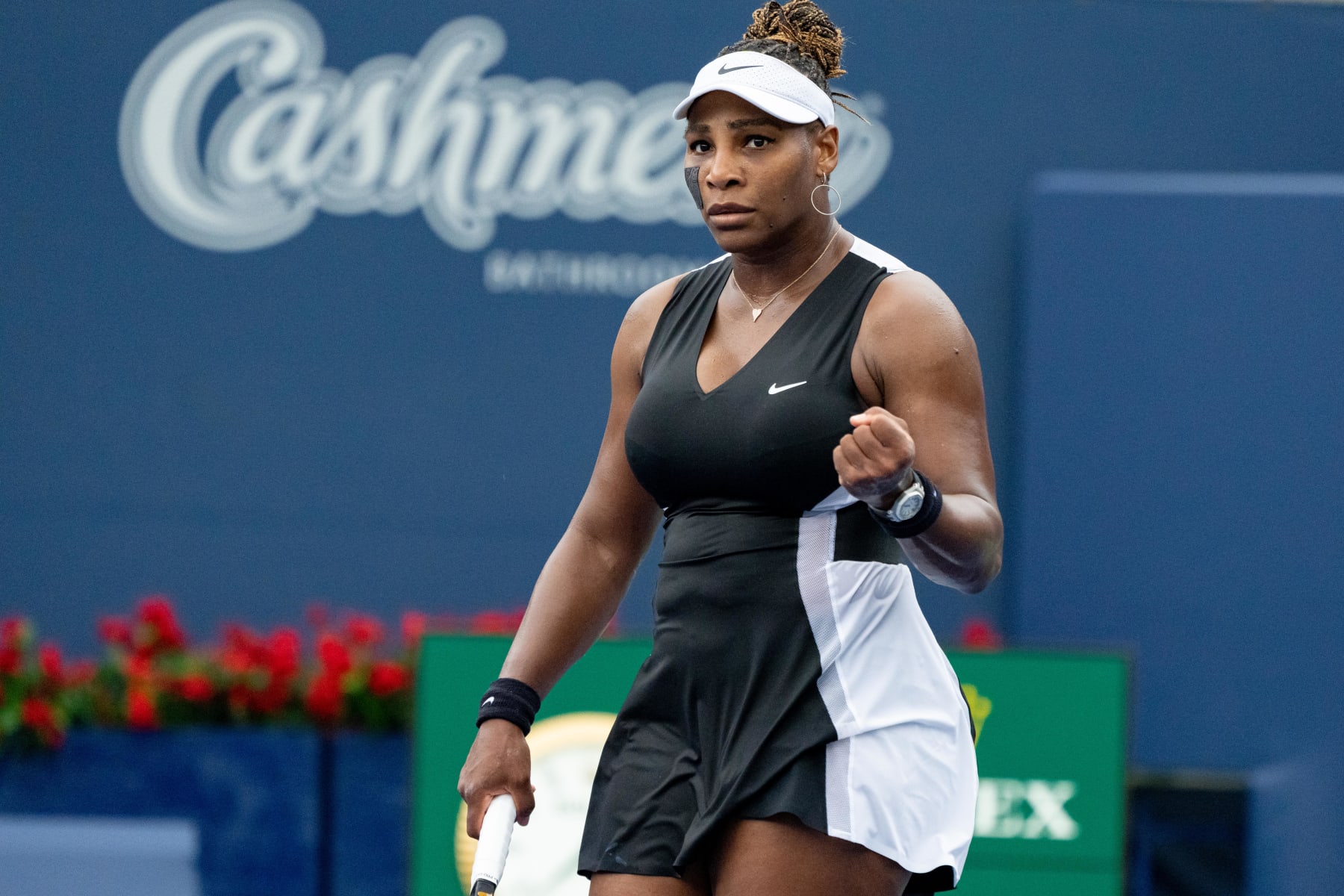 TORONTO, ON - AUGUST 08: Serena Williams celebrates after winning a point during her National Bank Open tennis tournament first round match on August 8, 2022, at Sobeys Stadium in Toronto, ON, Canada. (Photo by Julian Avram/Icon Sportswire via Getty Images via Getty Images)