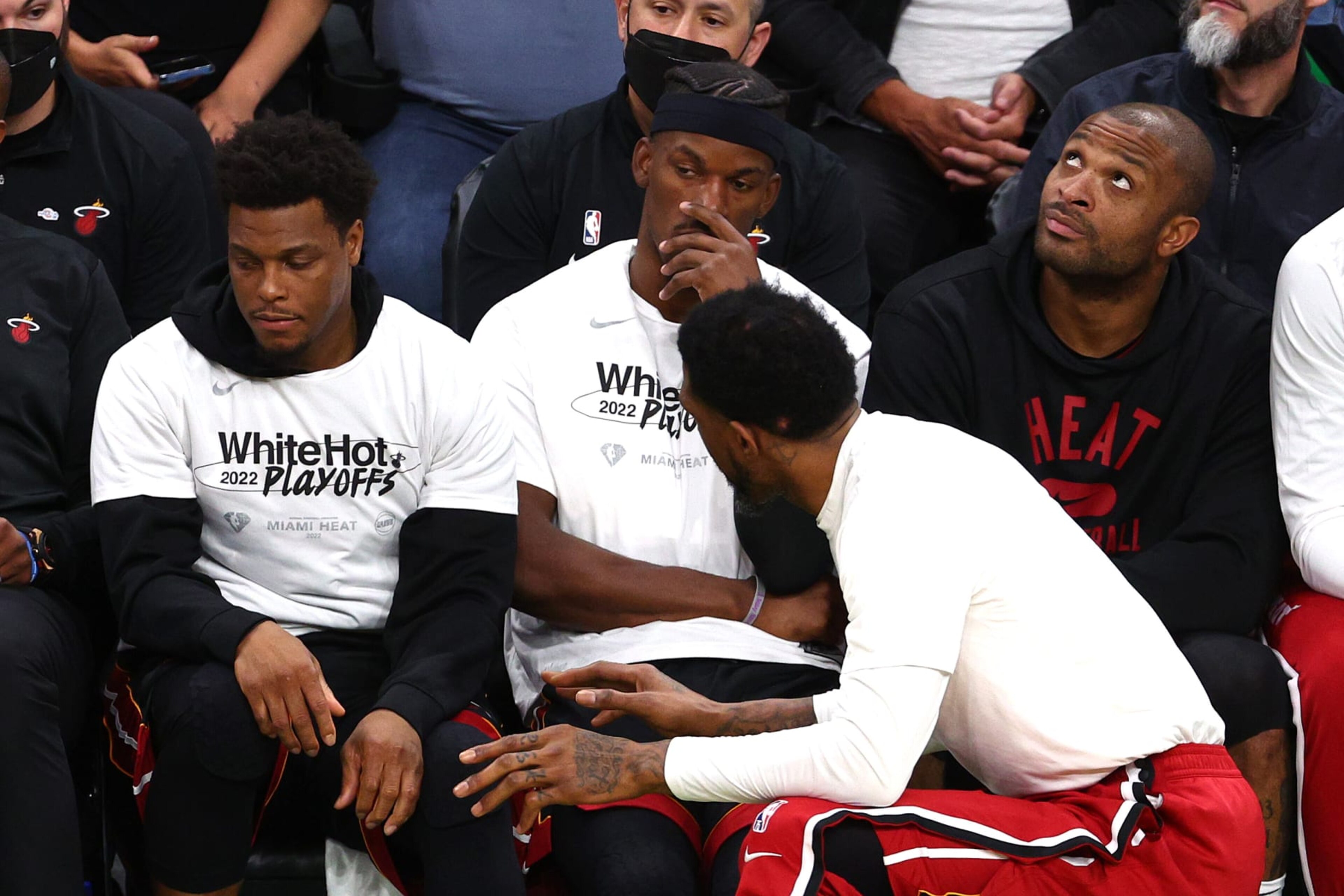 BOSTON, MASSACHUSETTS - MAY 23: (L-R) Kyle Lowry #7, Jimmy Butler #22, Udonis Haslem #40 and P.J. Tucker #17 of the Miami Heat react from the bench against the Boston Celtics during the fourth quarter in Game Four of the 2022 NBA Playoffs Eastern Conference Finals at TD Garden on May 23, 2022 in Boston, Massachusetts. NOTE TO USER: User expressly acknowledges and agrees that, by downloading and or using this photograph, User is consenting to the terms and conditions of the Getty Images License Agreement. (Photo by Elsa/Getty Images) BOSTON, MASSACHUSETTS - MAY 23: (L-R) Kyle Lowry #7, Jimmy Butler #22, Udonis Haslem #40 and P.J. Tucker #17 of the Miami Heat react from the bench against the Boston Celtics during the fourth quarter in Game Four of the 2022 NBA Playoffs Eastern Conference Finals at TD Garden on May 23, 2022 in Boston, Massachusetts. NOTE TO USER: User expressly acknowledges and agrees that, by downloading and or using this photograph, User is consenting to the terms and conditions of the Getty Images License Agreement. (Photo by Elsa/Getty Images)