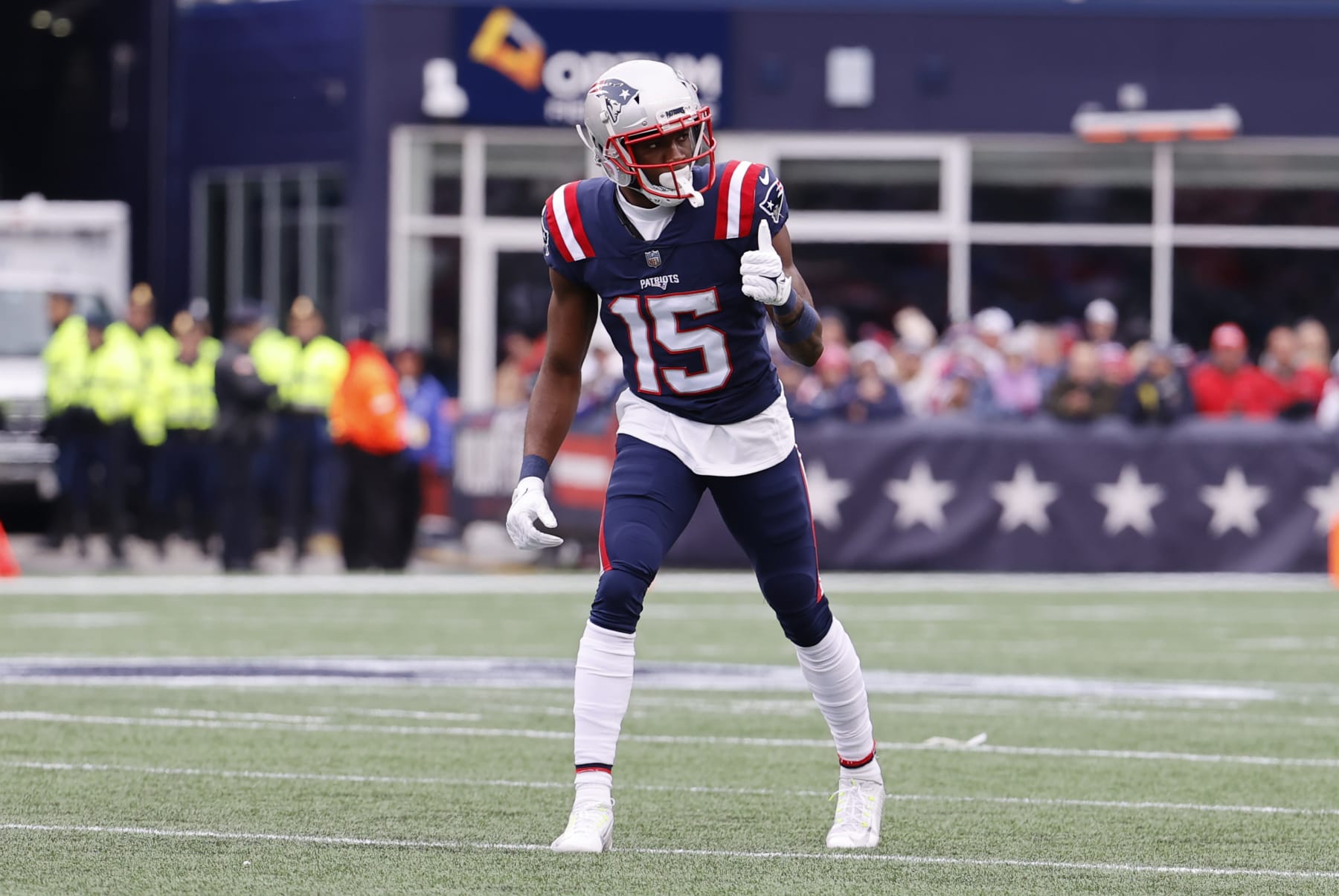 FOXBOROUGH, MA - NOVEMBER 28: New England Patriots wide receiver Nelson Agholor (15) checks with the down judge during a game between the New England Patriots and the Tennessee Titans on November 28, 2021, at Gillette Stadium in Foxborough, Massachusetts. (Photo by Fred Kfoury III/Icon Sportswire via Getty Images)
