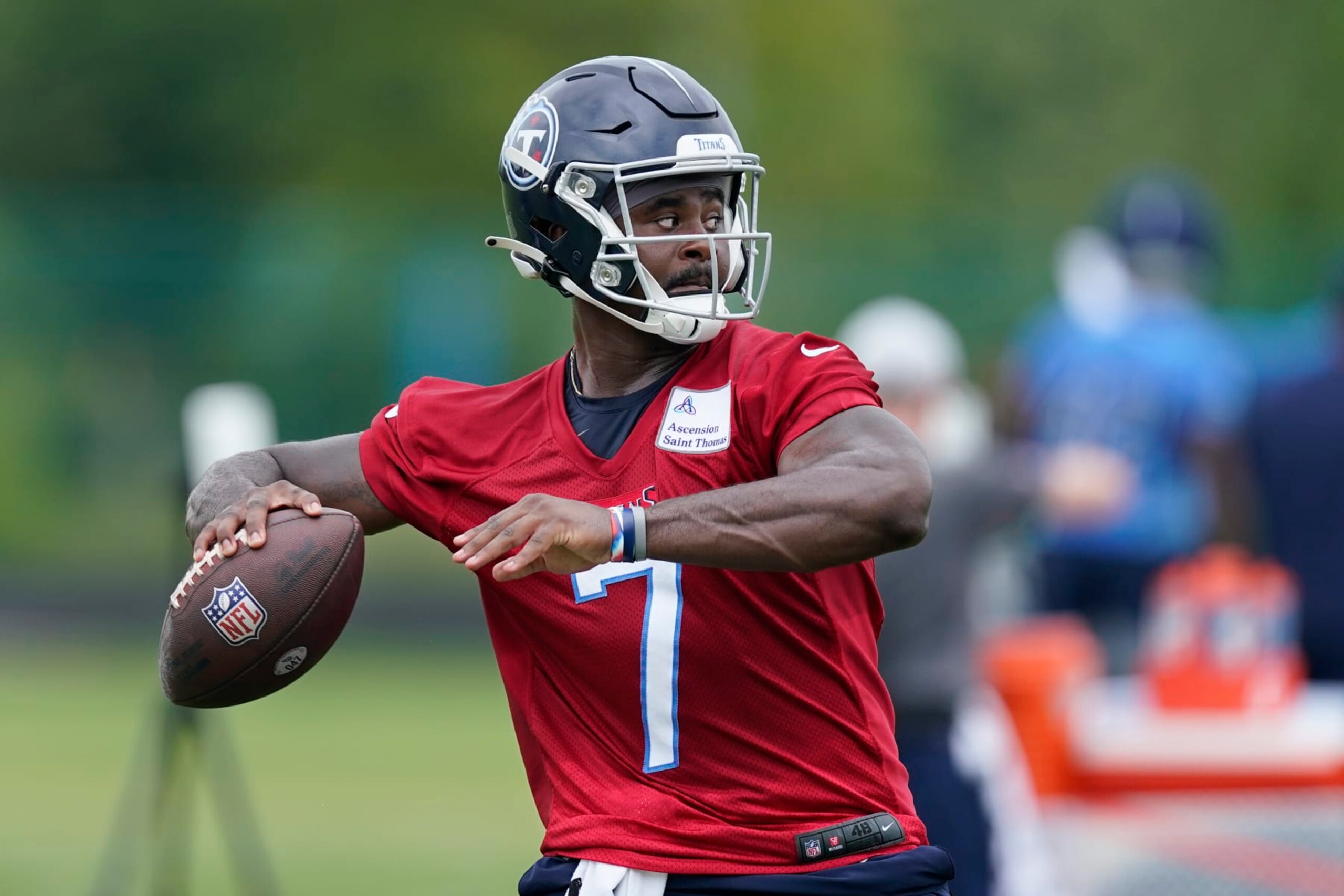 Tennessee Titans quarterback Malik Willis takes part in drills during training camp at the NFL football team's practice facility Thursday, July 28, 2022, in Nashville, Tenn. (AP Photo/Mark Humphrey)