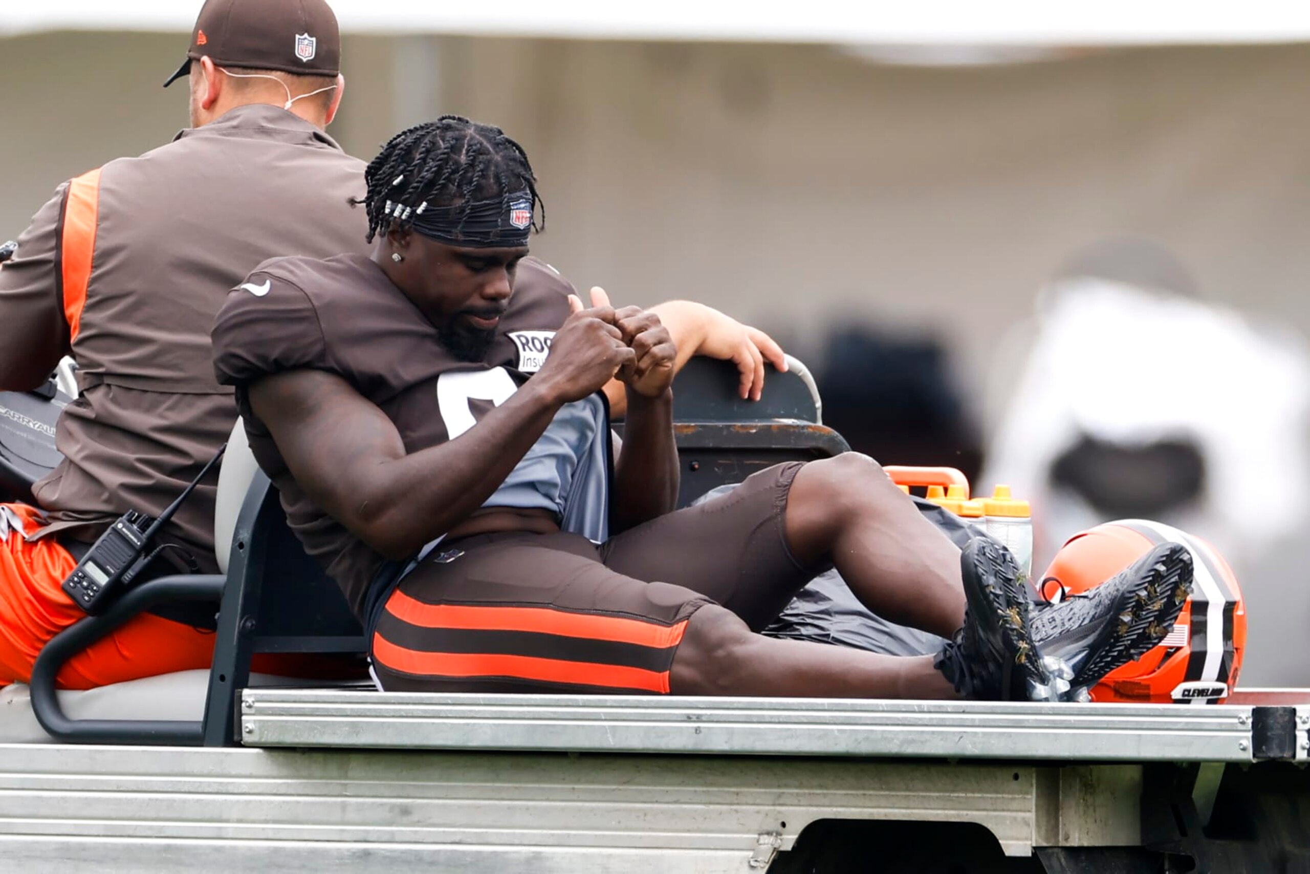 Cleveland Browns wide receiver Jakeem Grant Sr. is carted off the field after getting injured during a drill at the NFL football team's training camp, Tuesday, Aug. 9, 2022, in Berea, Ohio. (AP Photo/Ron Schwane) Cleveland Browns wide receiver Jakeem Grant Sr. is carted off the field after getting injured during a drill at the NFL football team's training camp, Tuesday, Aug. 9, 2022, in Berea, Ohio. (AP Photo/Ron Schwane)