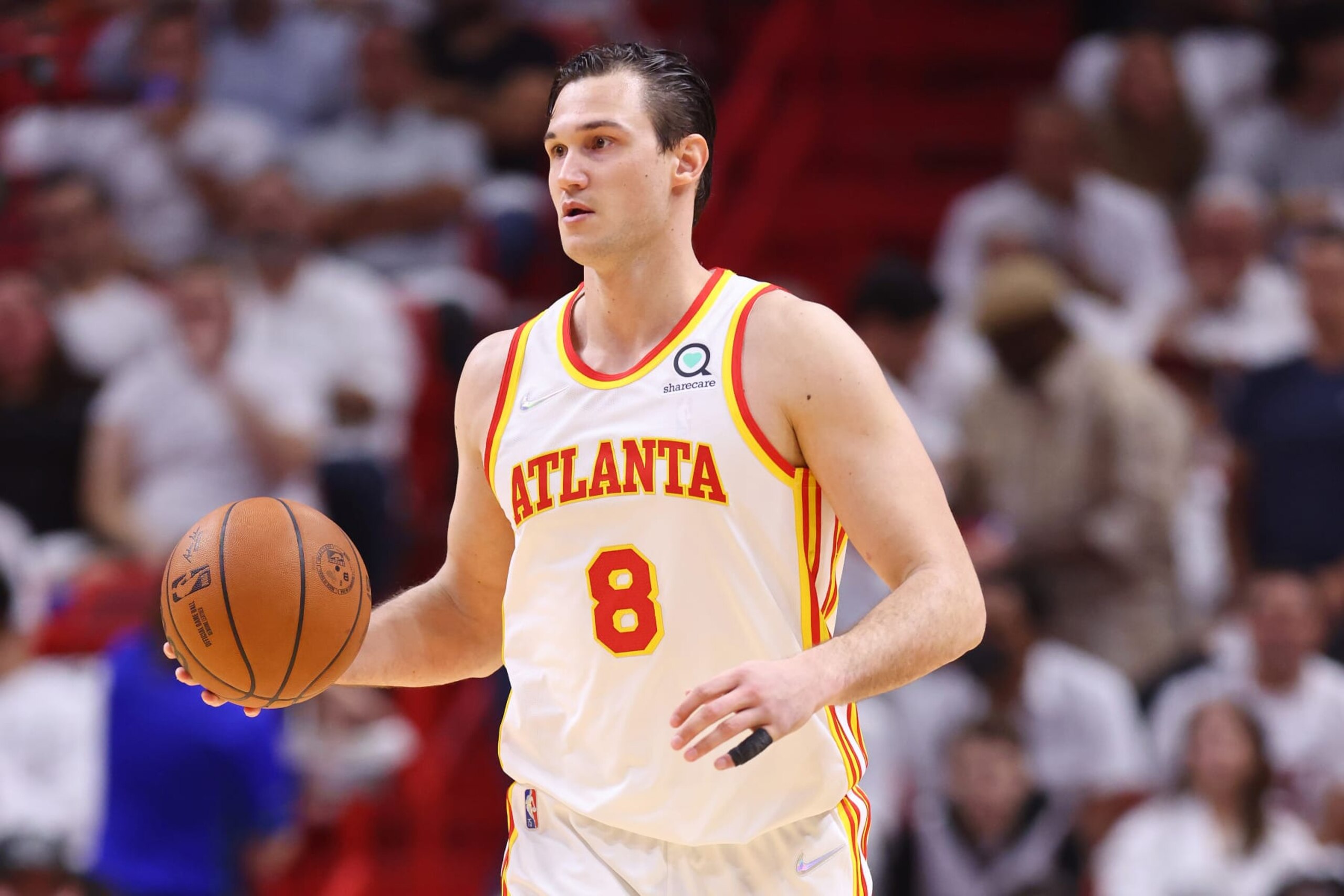 MIAMI, FLORIDA - APRIL 26: Danilo Gallinari #8 of the Atlanta Hawks dribbles against the Miami Heat in Game Five of the Eastern Conference First Round at FTX Arena on April 26, 2022 in Miami, Florida. NOTE TO USER: User expressly acknowledges and agrees that, by downloading and or using this photograph, User is consenting to the terms and conditions of the Getty Images License Agreement. (Photo by Michael Reaves/Getty Images) MIAMI, FLORIDA - APRIL 26: Danilo Gallinari #8 of the Atlanta Hawks dribbles against the Miami Heat in Game Five of the Eastern Conference First Round at FTX Arena on April 26, 2022 in Miami, Florida. NOTE TO USER: User expressly acknowledges and agrees that, by downloading and or using this photograph, User is consenting to the terms and conditions of the Getty Images License Agreement. (Photo by Michael Reaves/Getty Images)