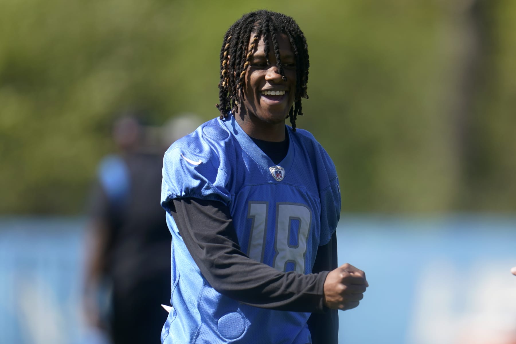 Detroit Lions wide receiver Jameson Williams watches during an NFL football practice in Allen Park, Mich., Saturday, May 14, 2022. (AP Photo/Paul Sancya)