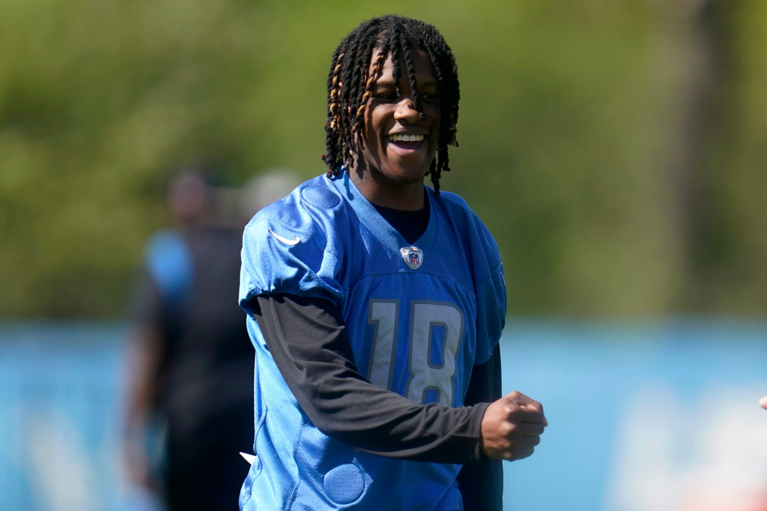 Detroit Lions wide receiver Jameson Williams watches during an NFL football practice in Allen Park, Mich., Saturday, May 14, 2022. (AP Photo/Paul Sancya)