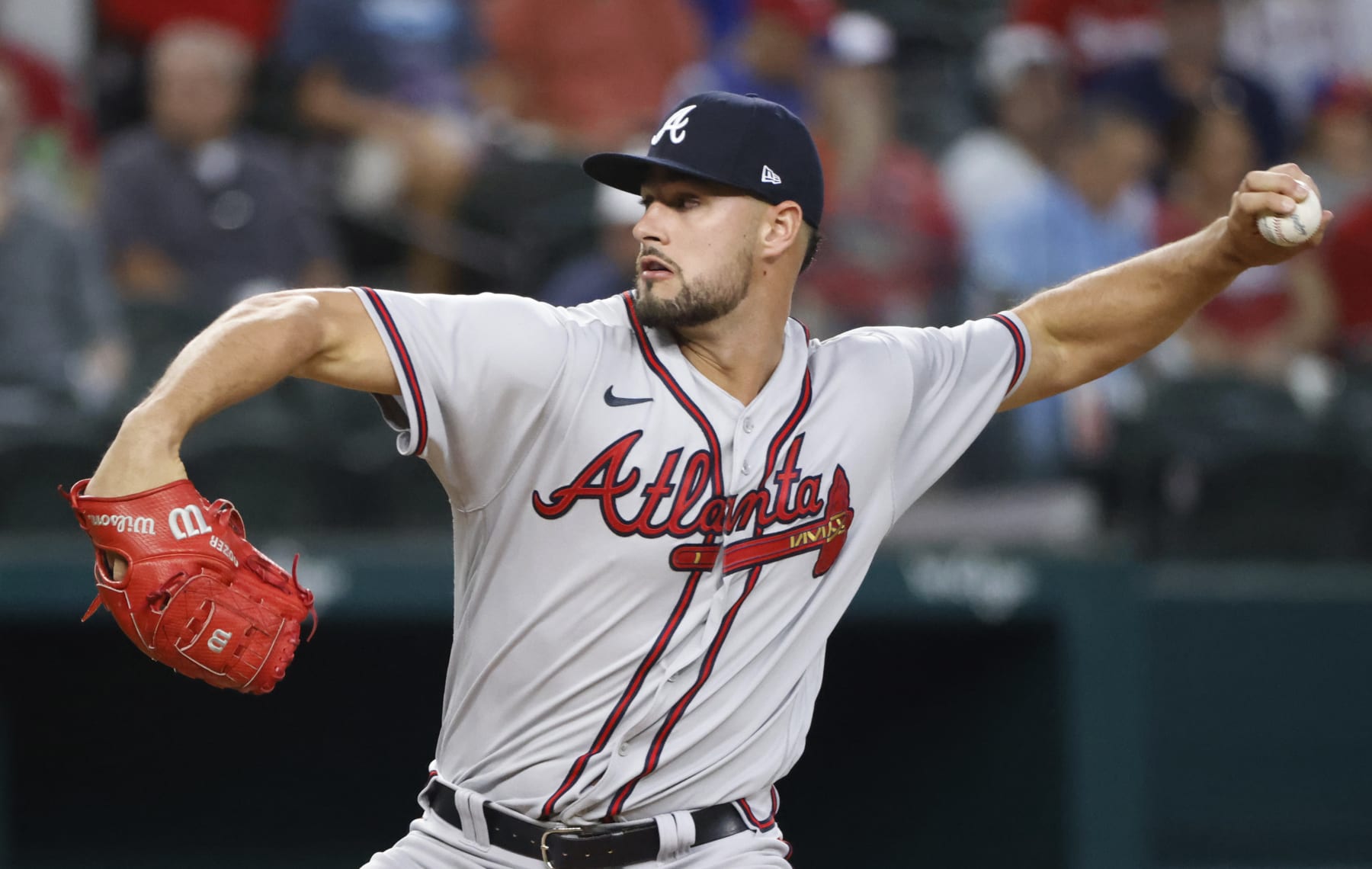 ARLINGTON, TX - MAY  1: Kyle Muller #66 of the Atlanta Braves pitches against the Texas Rangers during the first inning  at Globe Life Field on May 1, 2022 in Arlington, Texas. (Photo by Ron Jenkins/Getty Images)