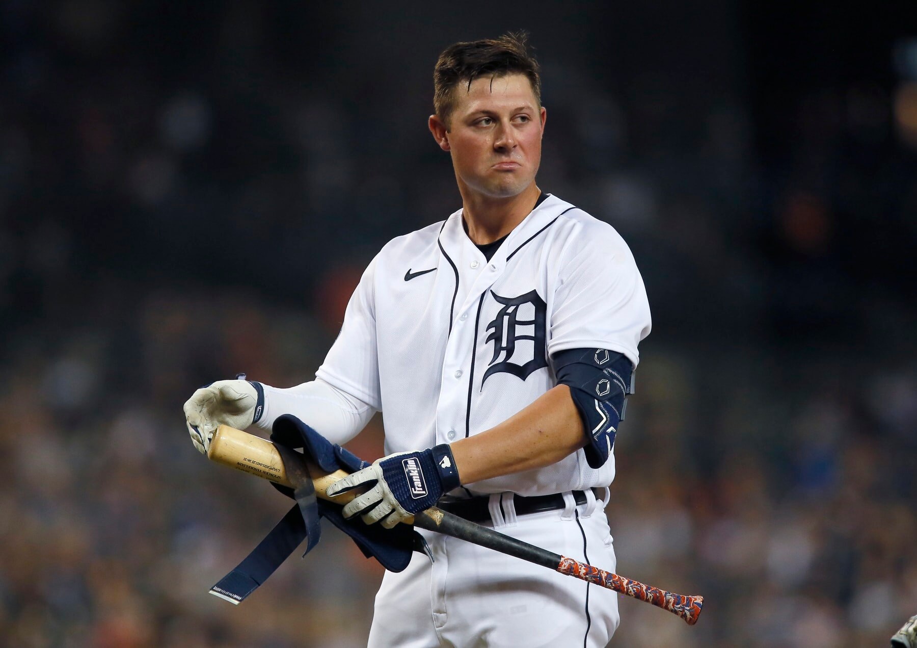 DETROIT, MI -  JULY 1:  Spencer Torkelson #20 of the Detroit Tigers takes off his gear after getting hit in the head with a pitch against the Kansas City Royals at Comerica Park on July 1, 2022, in Detroit, Michigan. (Photo by Duane Burleson/Getty Images)