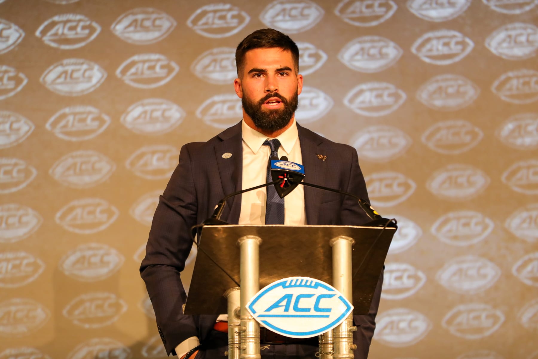 CHARLOTTE, NC - JULY 20: Wake Forest Demon Deacons Quarterback Sam Hartman takes questions from media during the ACC Football Kickoff on Jul 20, 2022, at The Westin Charlotte in Charlotte, NC.  (Photo by David Jensen/Icon Sportswire via Getty Images)