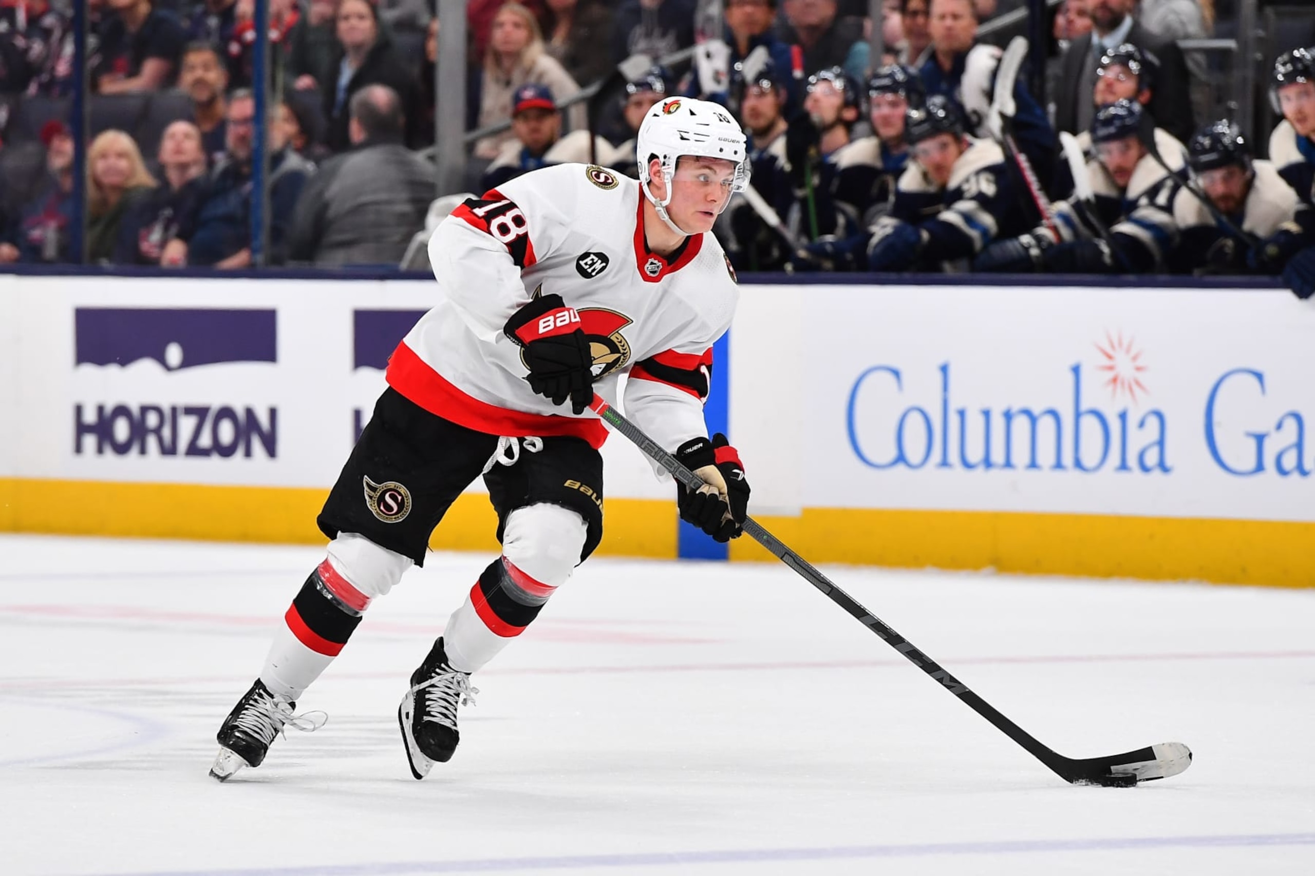 COLUMBUS, OH - APRIL 22: Tim Stutzle #18 of the Ottawa Senators skates with the puck during the overtime period of a game against the Columbus Blue Jackets at Nationwide Arena on April 22, 2022 in Columbus, Ohio.  (Photo by Ben Jackson/NHLI via Getty Images)