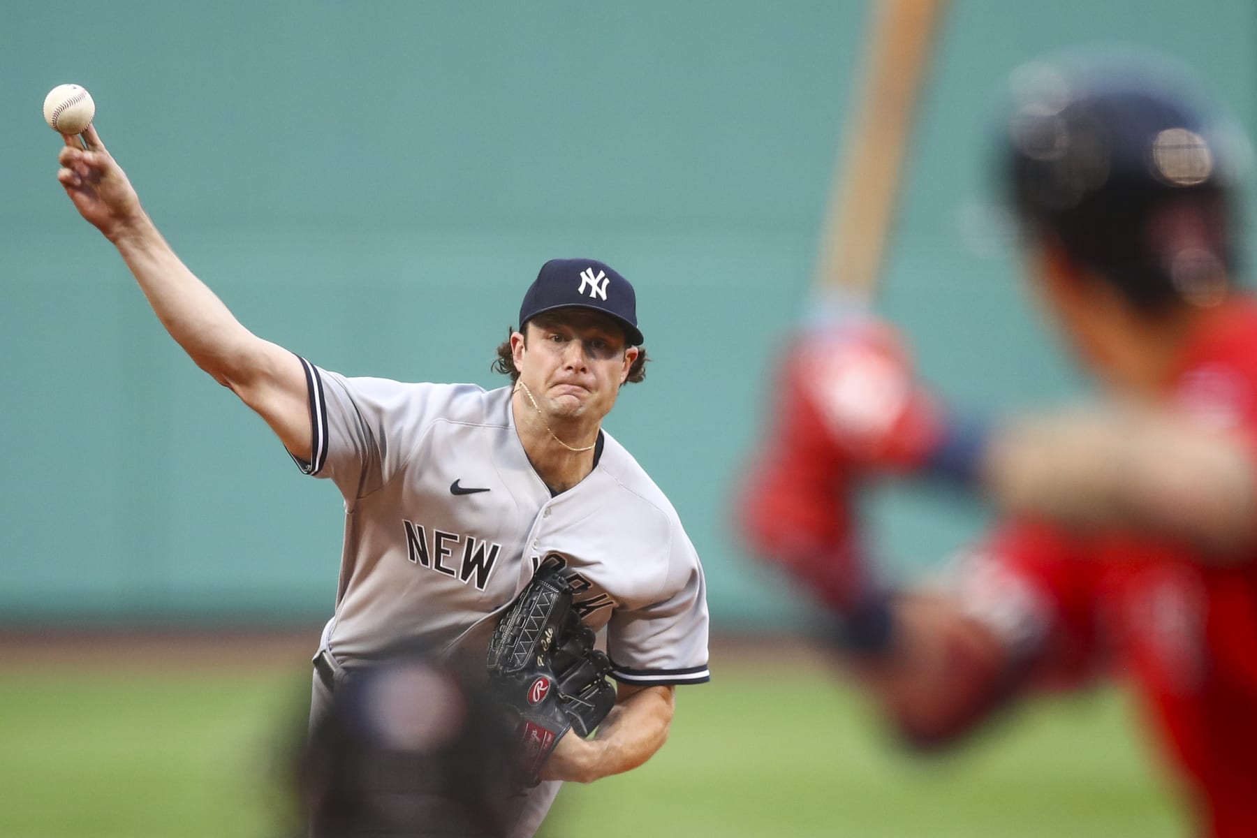BOSTON, MA - JULY 07:  Gerrit Cole #45 of the New York Yankees pitches in the first inning of a game against the Boston Red Sox at Fenway Park on July 7, 2022 in Boston, Massachusetts.  (Photo by Adam Glanzman/Getty Images)