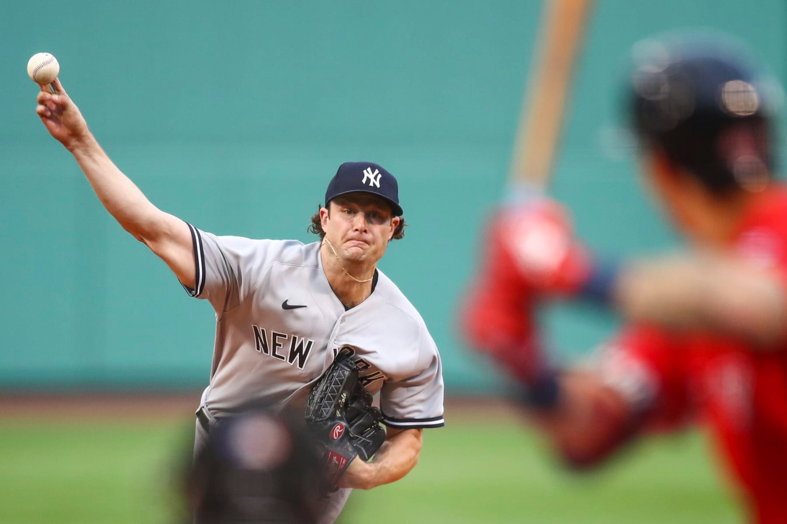 BOSTON, MA - JULY 07:  Gerrit Cole #45 of the New York Yankees pitches in the first inning of a game against the Boston Red Sox at Fenway Park on July 7, 2022 in Boston, Massachusetts.  (Photo by Adam Glanzman/Getty Images)