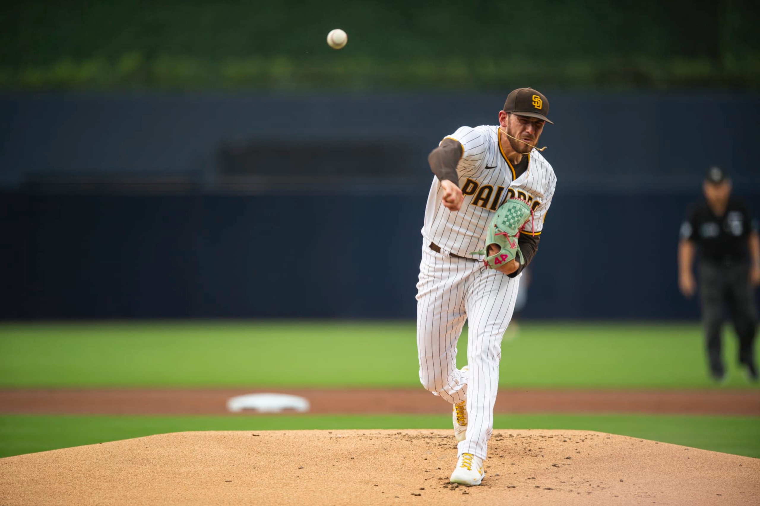 SAN DIEGO, CA - AUGUST 9: Joe Musgrove #44 of the San Diego Padres pitches in the first inning against the San Francisco Giants at PETCO Park on August 9, 2022 in San Diego, California. (Photo by Matt Thomas/San Diego Padres/Getty Images)