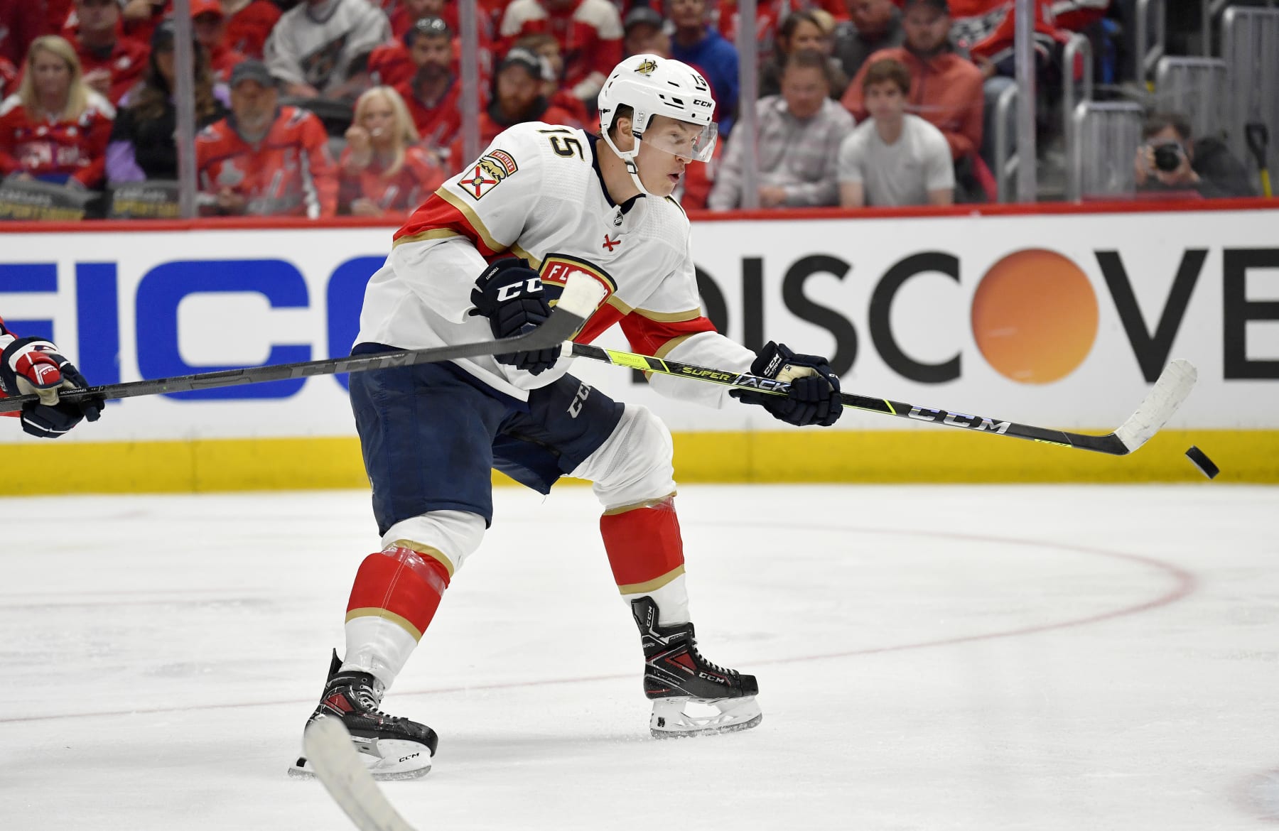 WASHINGTON, DC - MAY 07: Panthers center Anton Lundell (15) hits a puck out of mid-air toward the goal during game 3 of the first round of the Stanley Cup Playoffs between the Florida Panthers and Washington Capitals National Hockey League game on May 7, 2022 at Capital One Arena in Washington, D.C.. (Photo by Randy Litzinger/Icon Sportswire via Getty Images)
