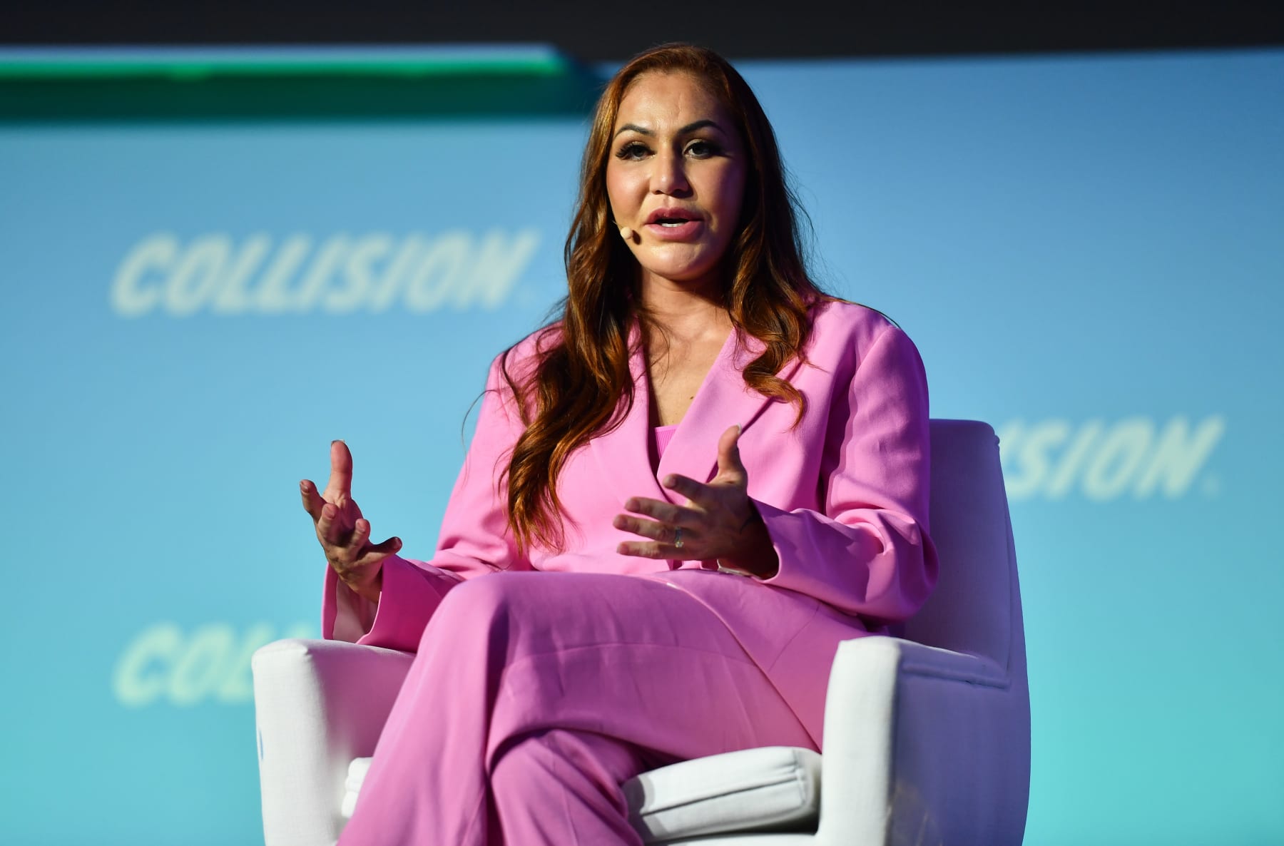 Toronto , Canada - 22 June 2022; Cris Cyborg, Women's Featherweight Champion, Bellator MMA, on SportsTradeStage during day two of Collision 2022 at Enercare Centre in Toronto, Canada. (Photo By Sam Barnes/Sportsfile for Collision via Getty Images)