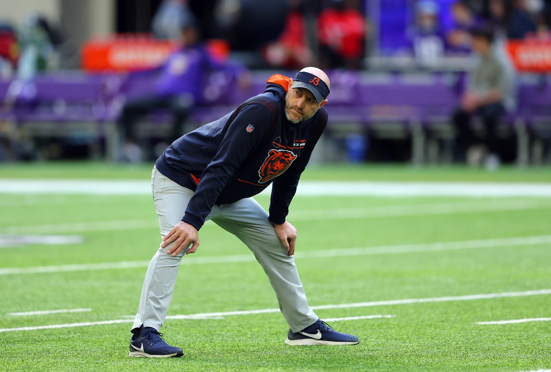 MINNEAPOLIS, MINNESOTA - JANUARY 09: Head coach Matt Nagy of the Chicago Bears looks on during warm ups prior to the game against the Minnesota Vikings at U.S. Bank Stadium on January 09, 2022 in Minneapolis, Minnesota. (Photo by Adam Bettcher/Getty Images)