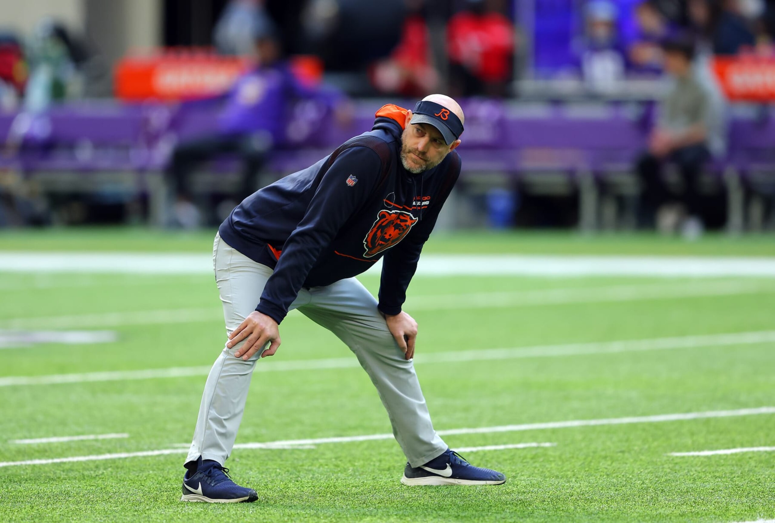 MINNEAPOLIS, MINNESOTA - JANUARY 09: Head coach Matt Nagy of the Chicago Bears looks on during warm ups prior to the game against the Minnesota Vikings at U.S. Bank Stadium on January 09, 2022 in Minneapolis, Minnesota. (Photo by Adam Bettcher/Getty Images)