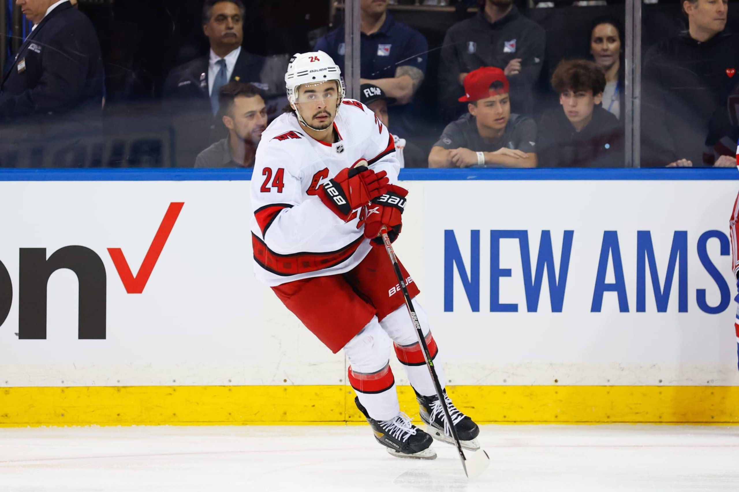 NEW YORK, NY - MAY 28:  Carolina Hurricanes center Seth Jarvis (24) skates during the first period of Game 6 of round 2 of the Stanley Cup playoffs on May 28, 2022 at Madison Square Garden in New York, New York.   (Photo by Rich Graessle/Icon Sportswire via Getty Images)
