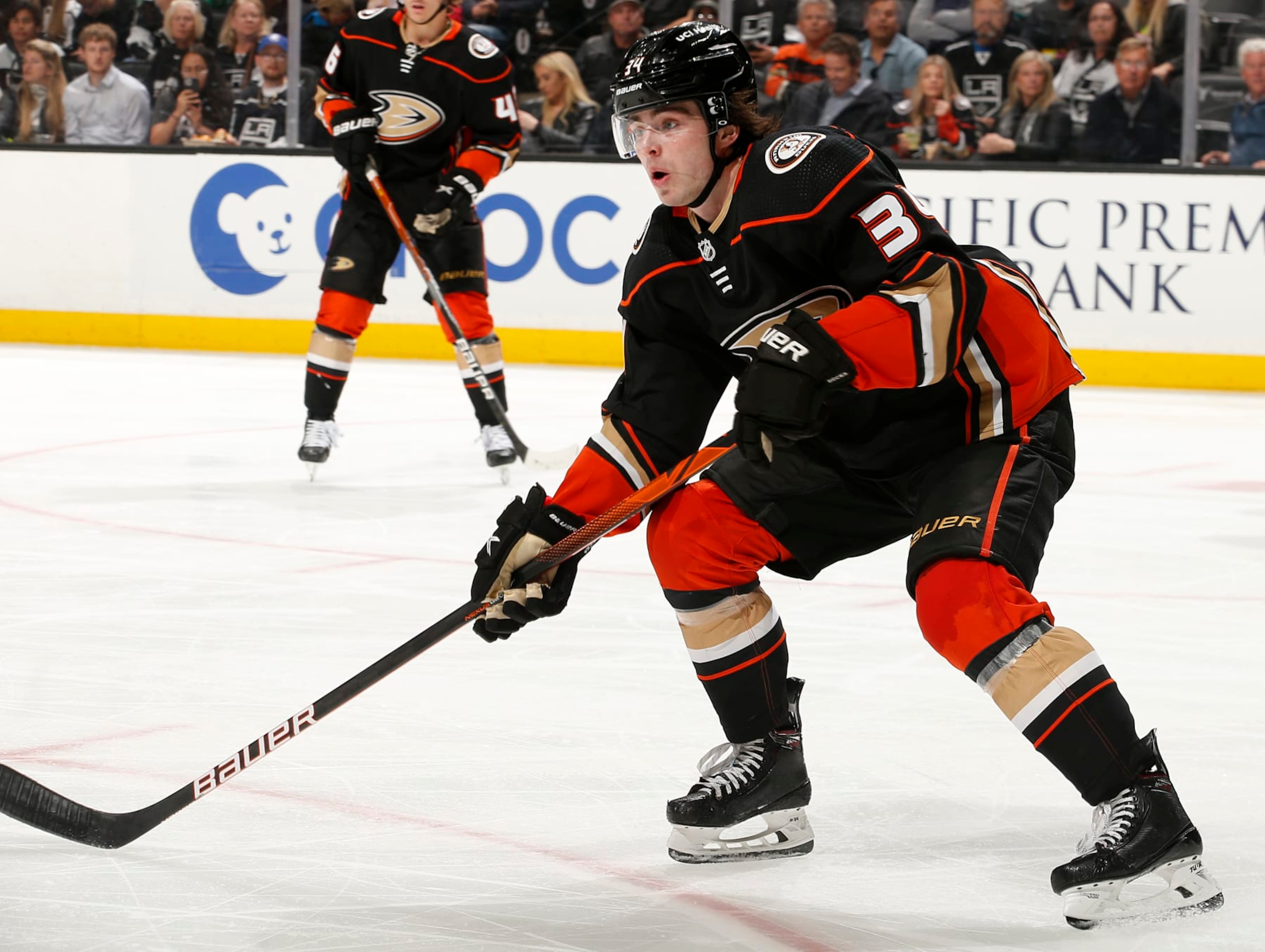 ANAHEIM, CA - APRIL 19: Jamie Drysdale #34 of the Anaheim Ducks skates during the game against the Los Angeles Kings at Honda Center on April 19, 2022 in Anaheim, California. (Photo by Debora Robinson/NHLI via Getty Images)