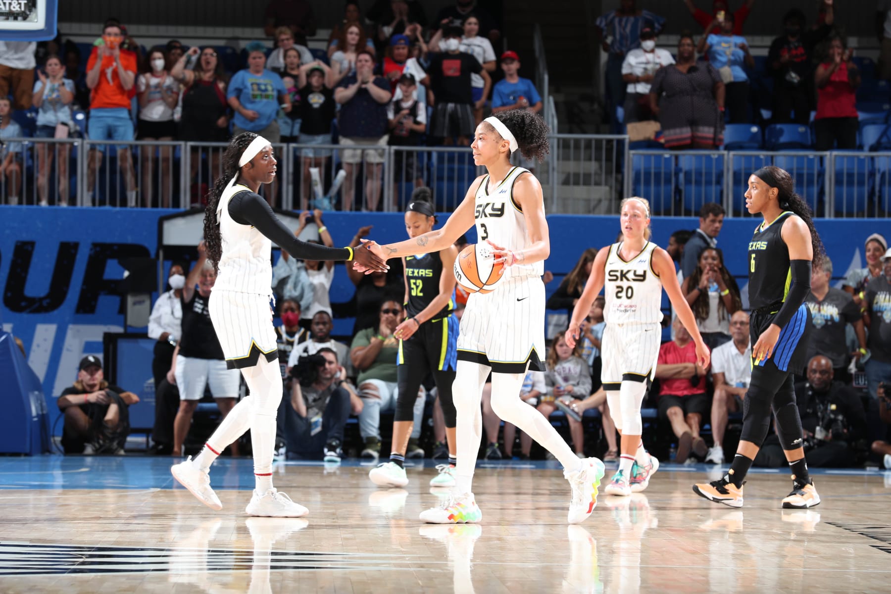 CHICAGO, IL - JULY 22: Kahleah Copper #2 of the Chicago Sky high fives Candace Parker #3 of the Chicago Sky after the game against the Dallas Wings on July 22, 2022 at the Wintrust Arena in Chicago, Illinois. NOTE TO USER: User expressly acknowledges and agrees that, by downloading and or using this photograph, user is consenting to the terms and conditions of the Getty Images License Agreement.  Mandatory Copyright Notice: Copyright 2022 NBAE (Photo by Jeff Haynes/NBAE via Getty Images)