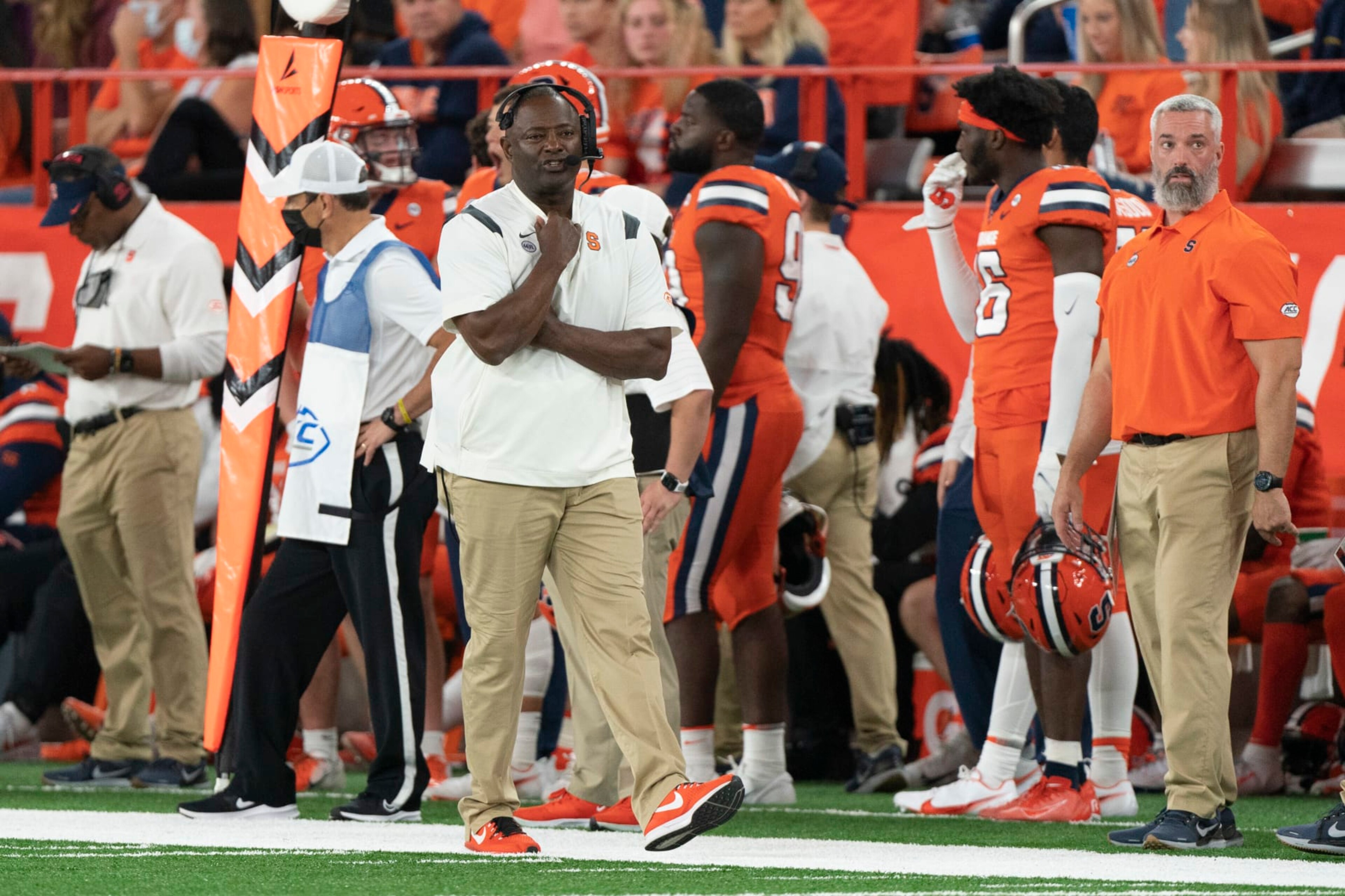 SYRACUSE, NY - OCTOBER 15: Syracuse Orange Head Coach Dino Babers reacts on the sidelines during the second half of the College Football game between the Clemson Tigers and the Syracuse Orange on October 15, 2021, at the Carrier Dome in Syracuse, NY. (Photo by Gregory Fisher/Icon Sportswire via Getty Images)