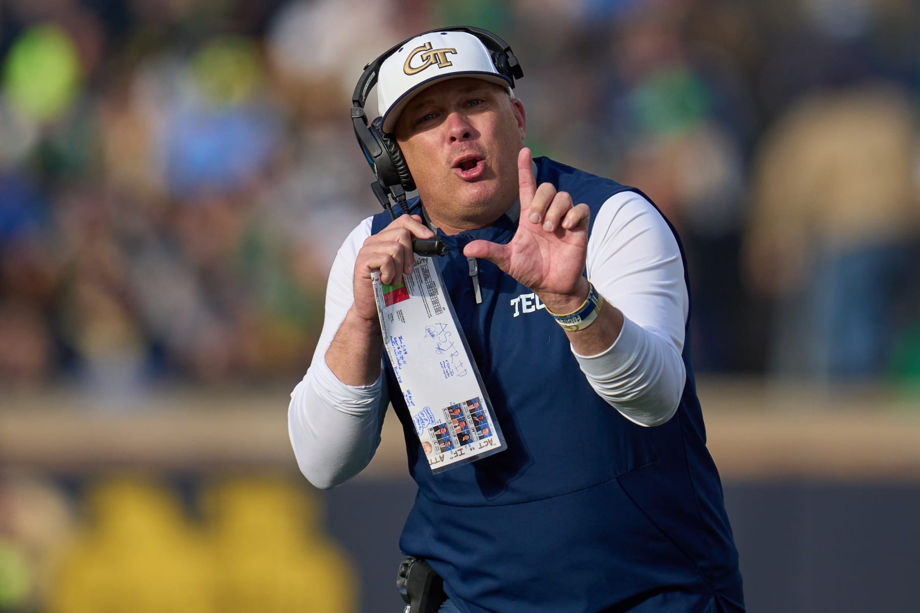 SOUTH BEND, IN - NOVEMBER 20: Georgia Tech Yellow Jackets head coach Geoff Collins reacts to a play during a game between the Notre Dame Fighting Irish and the Georgia Tech Yellow Jackets on November 20, 2021 at Notre Dame Stadium, in South Bend, IN.  (Photo by Robin Alam/Icon Sportswire via Getty Images)