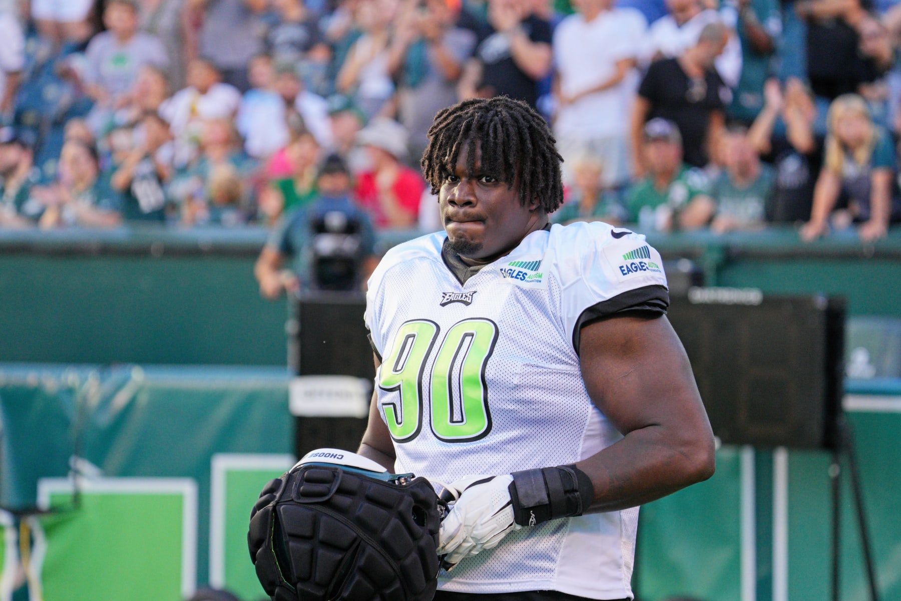 PHILADELPHIA, PA - AUGUST 07: Philadelphia Eagles defensive tackle Jordan Davis (90) looks on during training camp on August 7, 2022 at Lincoln Financial Field in Philadelphia PA. (Photo by Andy Lewis/Icon Sportswire via Getty Images)