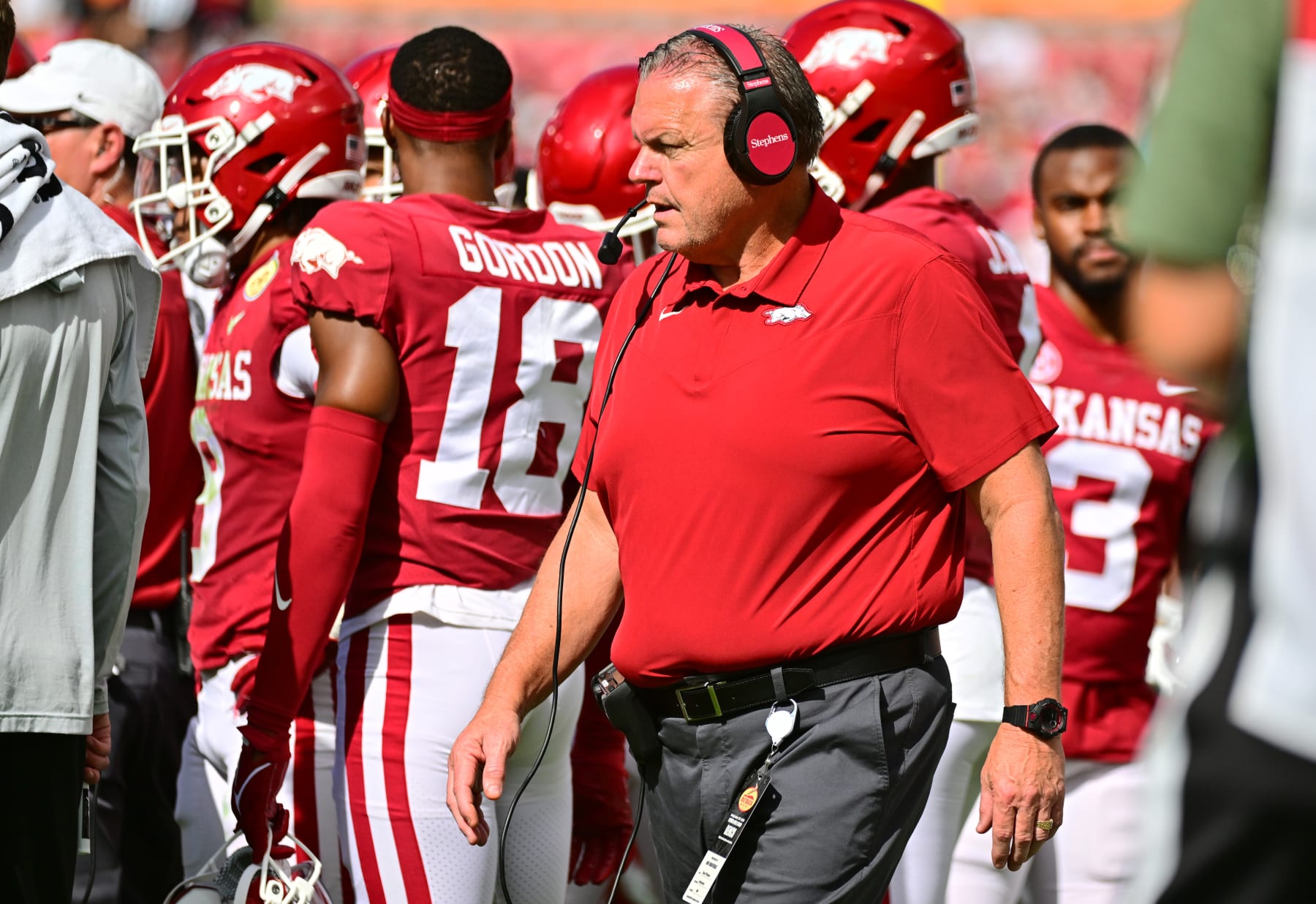 TAMPA, FLORIDA - JANUARY 01: Head coach Sam Pittman of the Arkansas Razorbacks  looks on during a timeout in the second quarter against the Penn State Nittany Lions in the 2022 Outback Bowl at Raymond James Stadium on January 01, 2022 in Tampa, Florida. (Photo by Julio Aguilar/Getty Images)