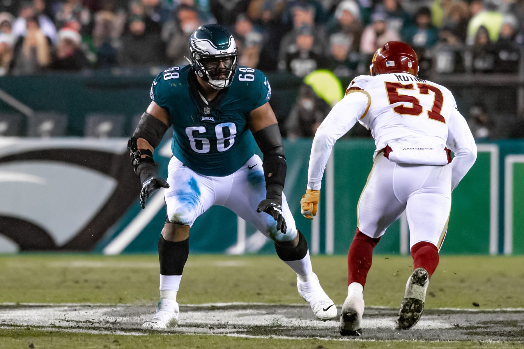 PHILADELPHIA, PA - DECEMBER 21: Philadelphia Eagles offensive tackle Jordan Mailata (68) during the National Football League game between the Washington Football Team and Philadelphia Eagles on Tuesday, December 21, 2021 at Lincoln Financial Field in Philadelphia, PA (Photo by John Jones/Icon Sportswire via Getty Images)