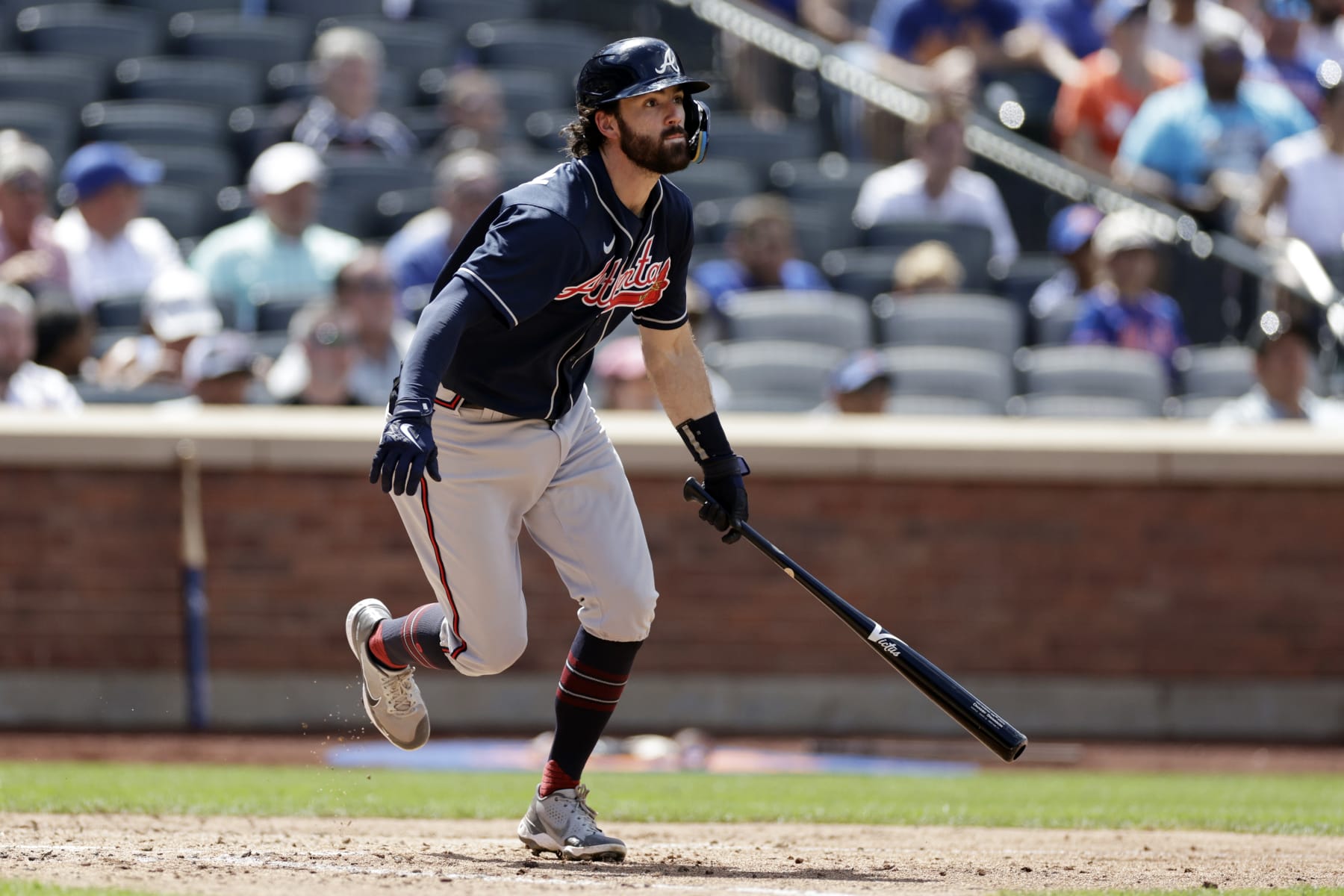 NEW YORK, NY - AUGUST 6: Dansby Swanson #7 of the Atlanta Braves at bat during the fifth inning against the New York Mets in the first game of a doubleheader at Citi Field on August 6, 2022 in the Queens borough of New York City. (Photo by Adam Hunger/Getty Images)