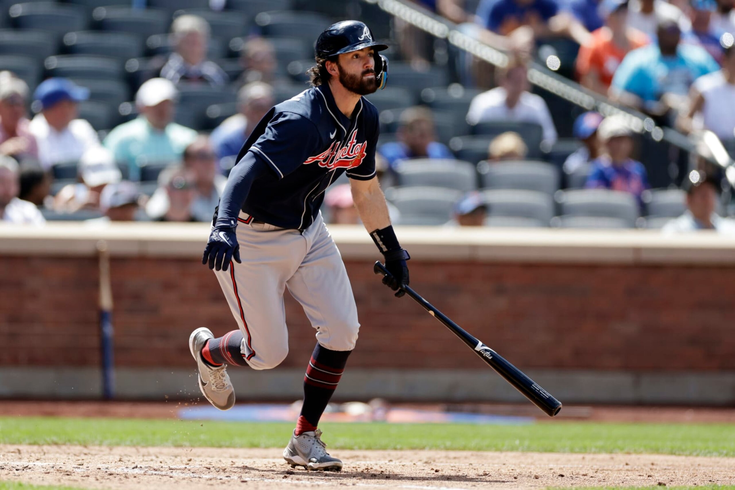 NEW YORK, NY - AUGUST 6: Dansby Swanson #7 of the Atlanta Braves at bat during the fifth inning against the New York Mets in the first game of a doubleheader at Citi Field on August 6, 2022 in the Queens borough of New York City. (Photo by Adam Hunger/Getty Images)