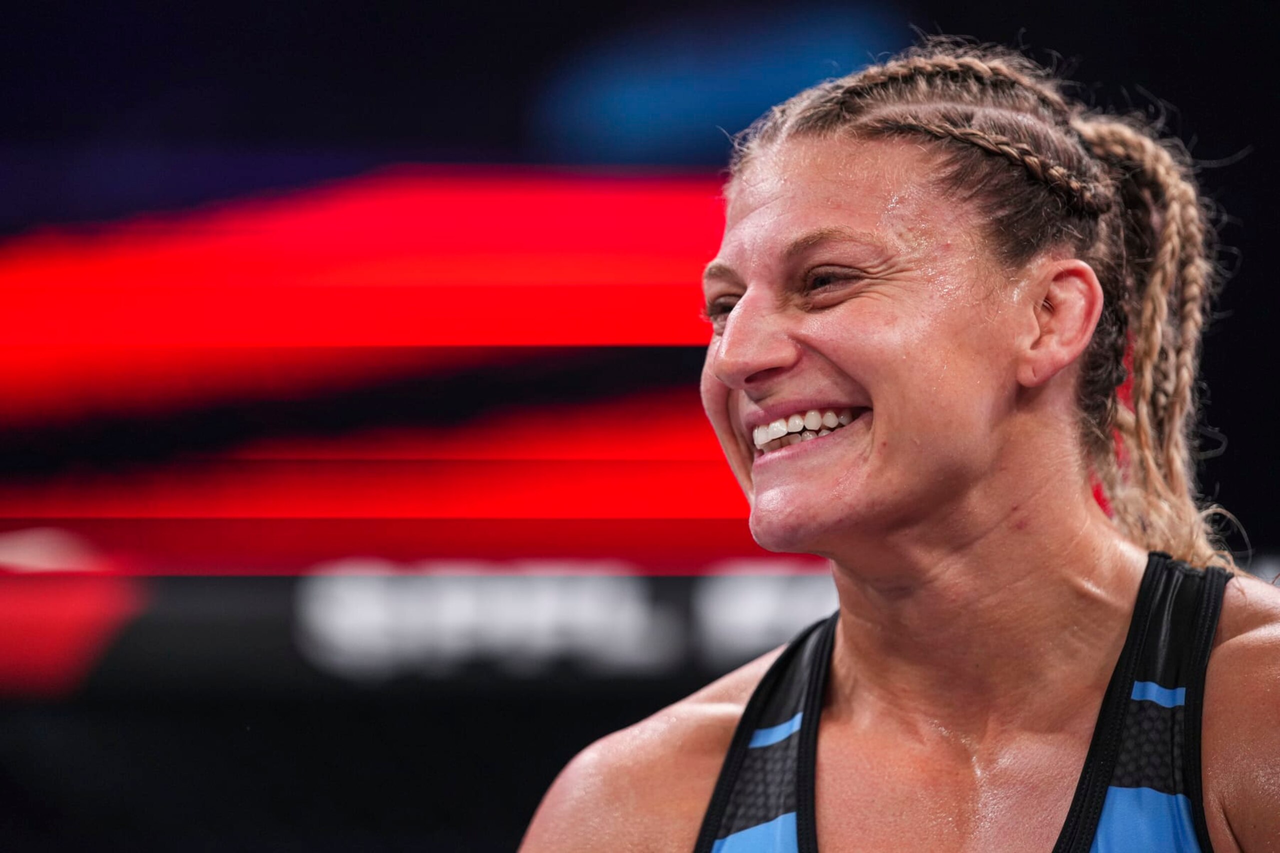 ATLANTA, GA - JULY 01:  Kayla Harrison celebrates after defeating Kaitlin Young during PFL 6 at the Overtime Elite Arena on July 1, 2022 in Atlanta, Georgia.  (Photo by Cooper Neill/Getty Images)