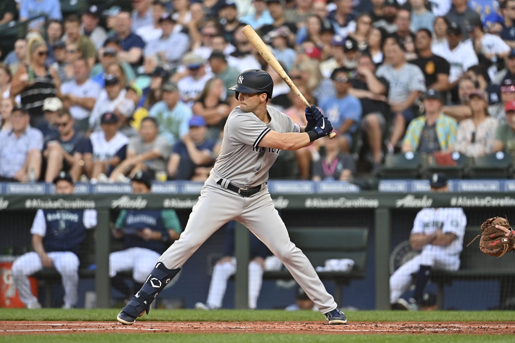 SEATTLE, WASHINGTON - AUGUST 08: Andrew Benintendi #18 of the New York Yankees bats during the first inning against the Seattle Mariners at T-Mobile Park on August 08, 2022 in Seattle, Washington. (Photo by Alika Jenner/Getty Images)