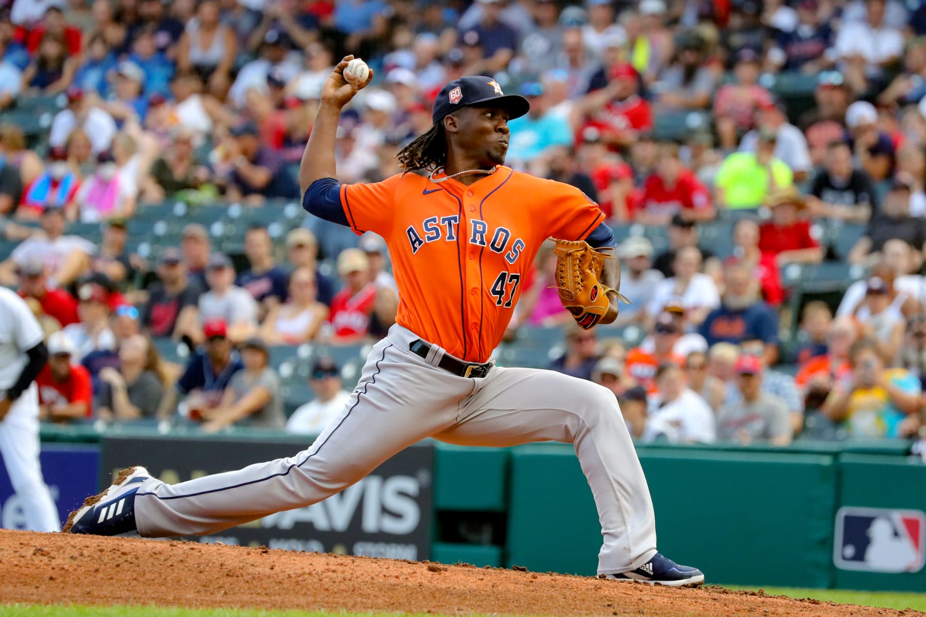 CLEVELAND, OH - AUGUST 07: Houston Astros relief pitcher Rafael Montero (47) delivers a pitch to the plate during the eighth inning of the Major League Baseball game between the Houston Astros and Cleveland Guardians on August 7, 2022, at Progressive Field in Cleveland, OH. (Photo by Frank Jansky/Icon Sportswire via Getty Images)