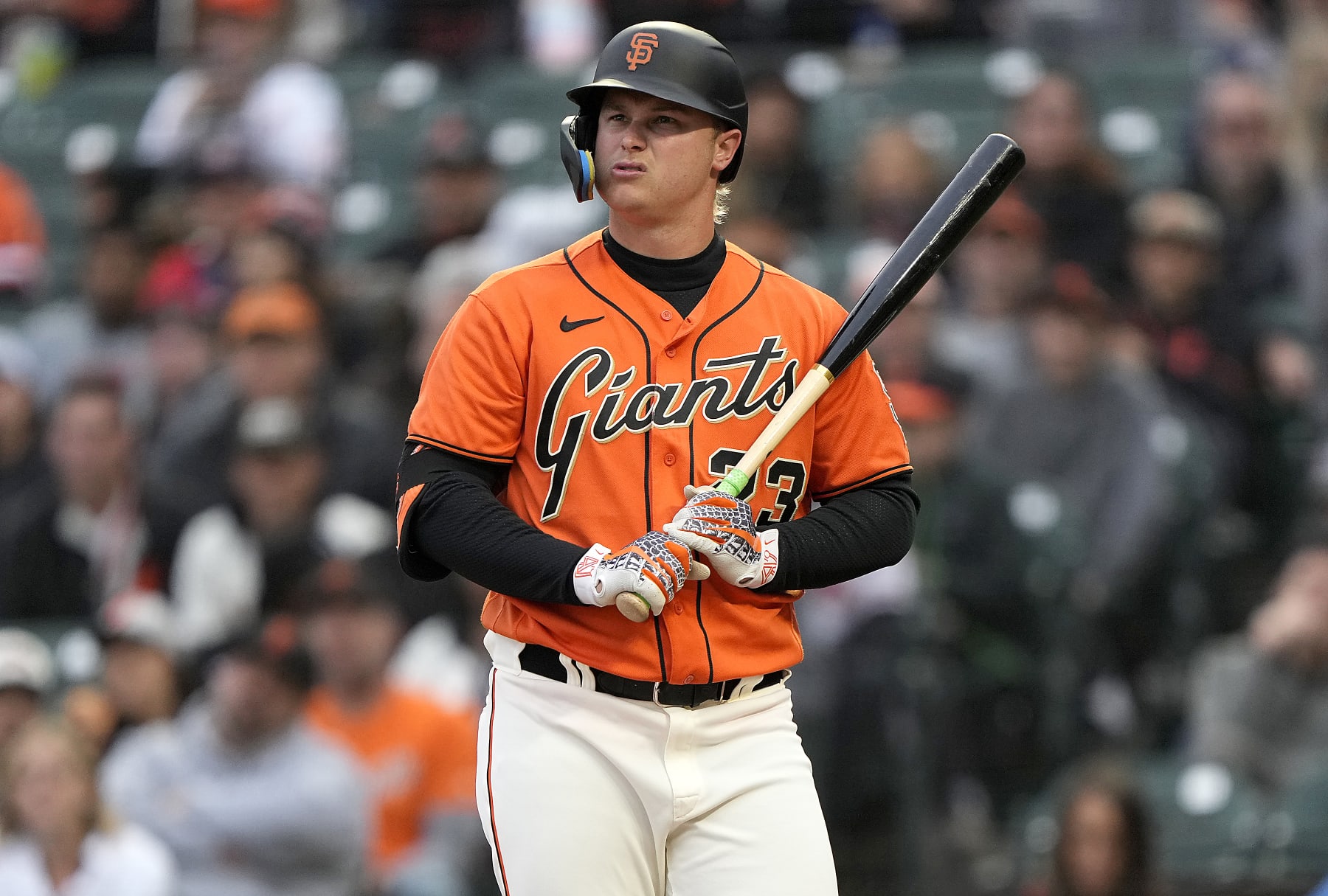 SAN FRANCISCO, CALIFORNIA - JULY 01: Joc Pederson #23 of the San Francisco Giants reacts after he was called out on strikes against the Chicago White Sox in the bottom of the first inning at Oracle Park on July 01, 2022 in San Francisco, California. (Photo by Thearon W. Henderson/Getty Images)